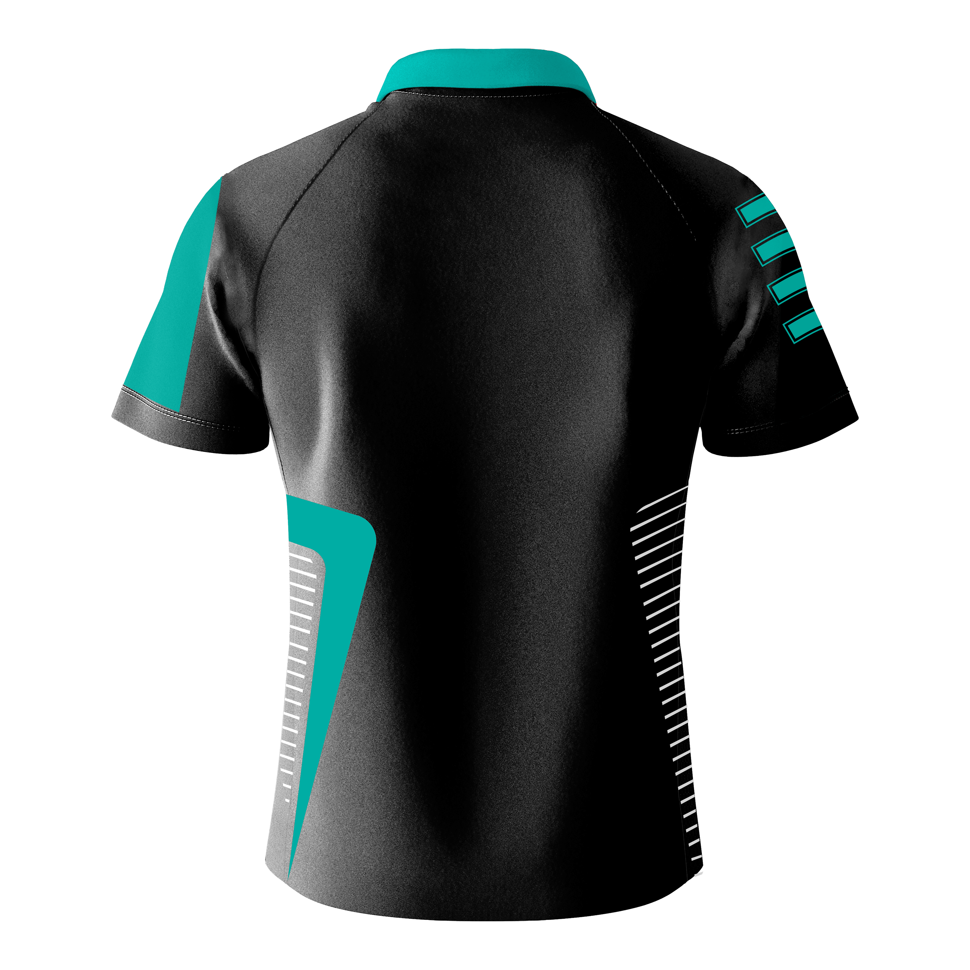Maglietta Bulls Team Dart - Menta Das Bild zeigt das "Bulls Team Dartshirt - Mint" von hinten. Das Shirt ist überwiegend schwarz mit mintfarbenen und weißen Akzenten.