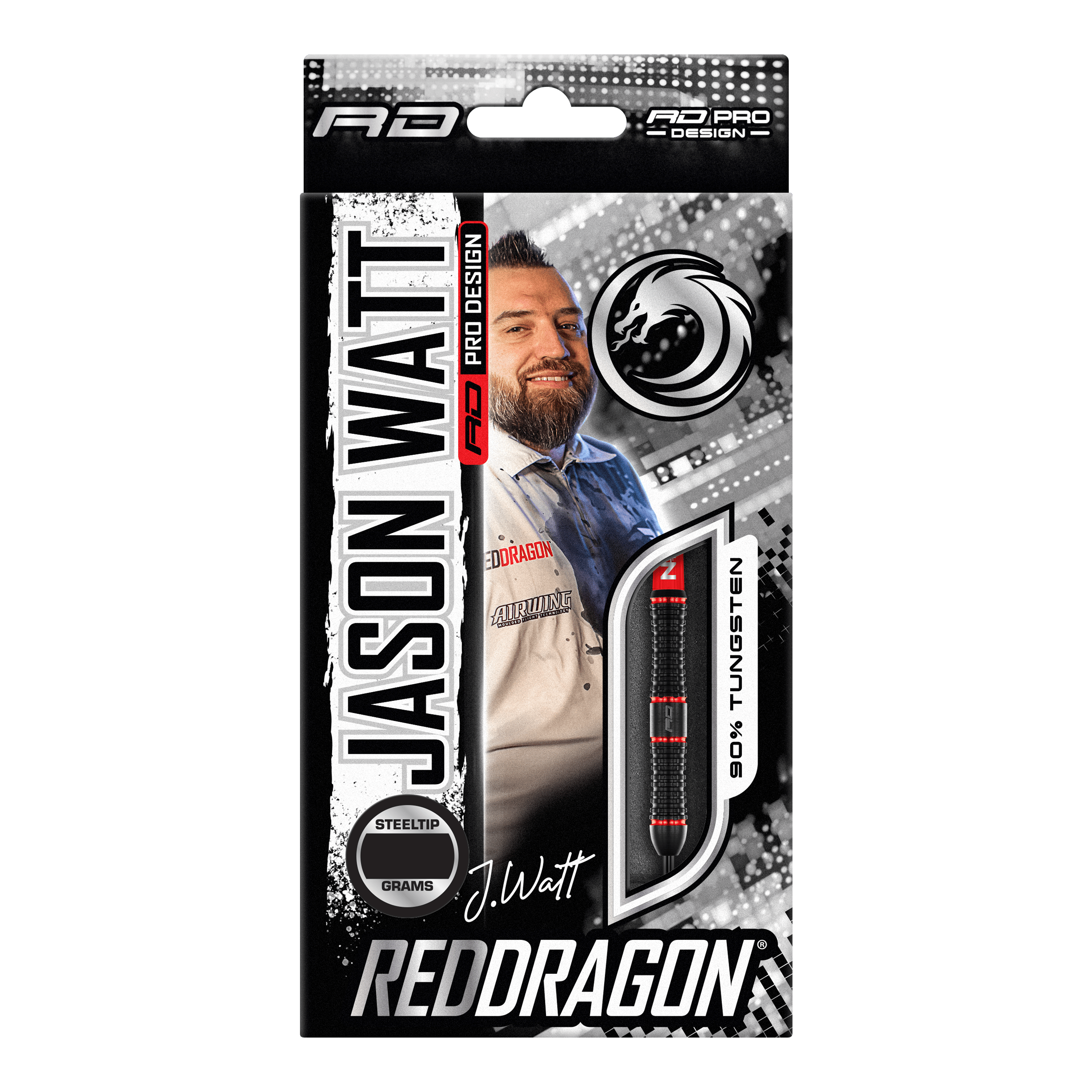 Ocelové šipky Red Dragon Jason Watt - 22g Die Abbildung zeigt die Verpackung der "Red Dragon Jason Watt Steeldarts - 22g". Auf der Vorderseite sind ein Bild von Jason Watt, der Dartpfeil und das Red Dragon-Logo zu sehen.