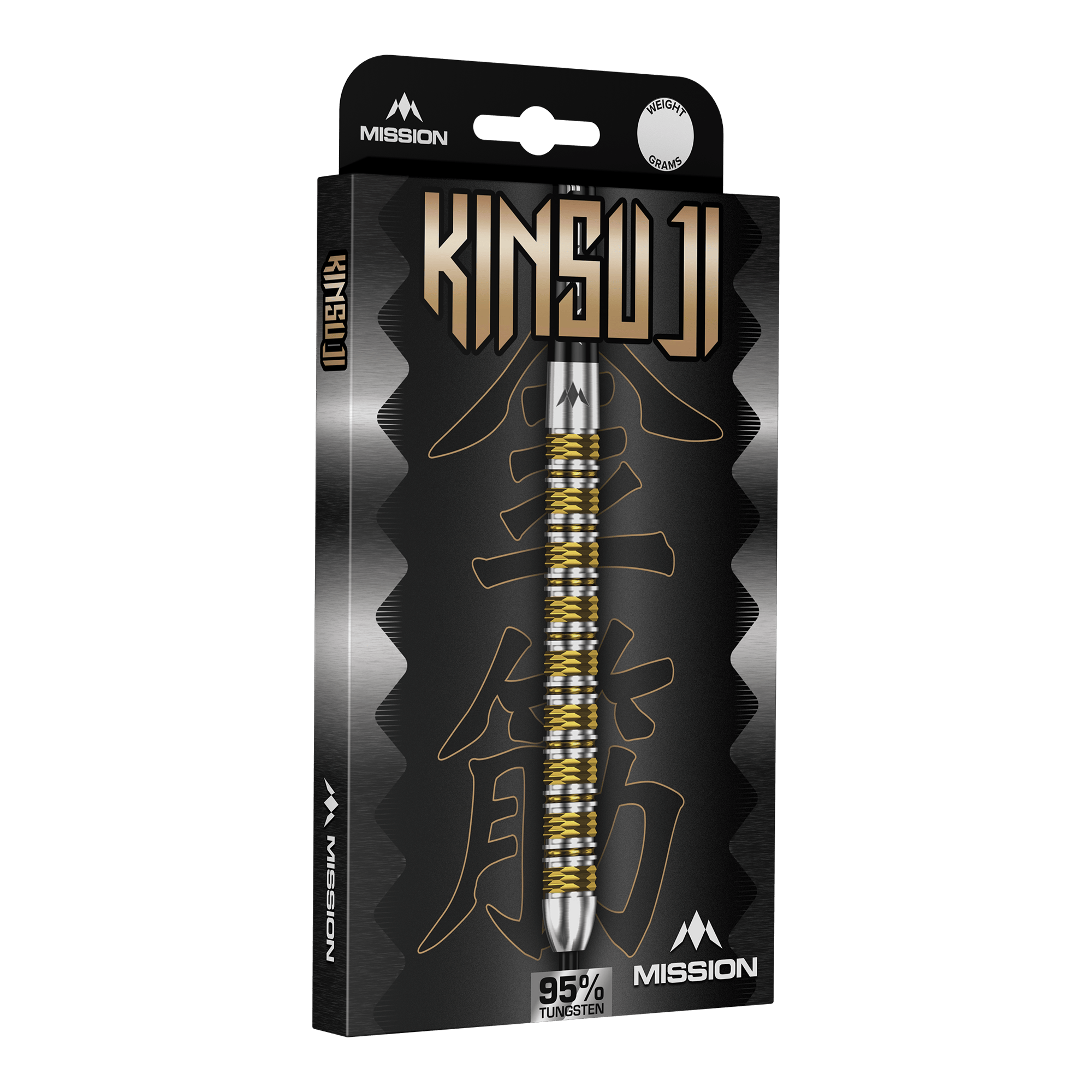 Mission Kinsuji Steeldarts Abgebildet sind die Mission Kinsuji Steeldarts. Der Dartpfeil ist aus nächster Nähe zu sehen.