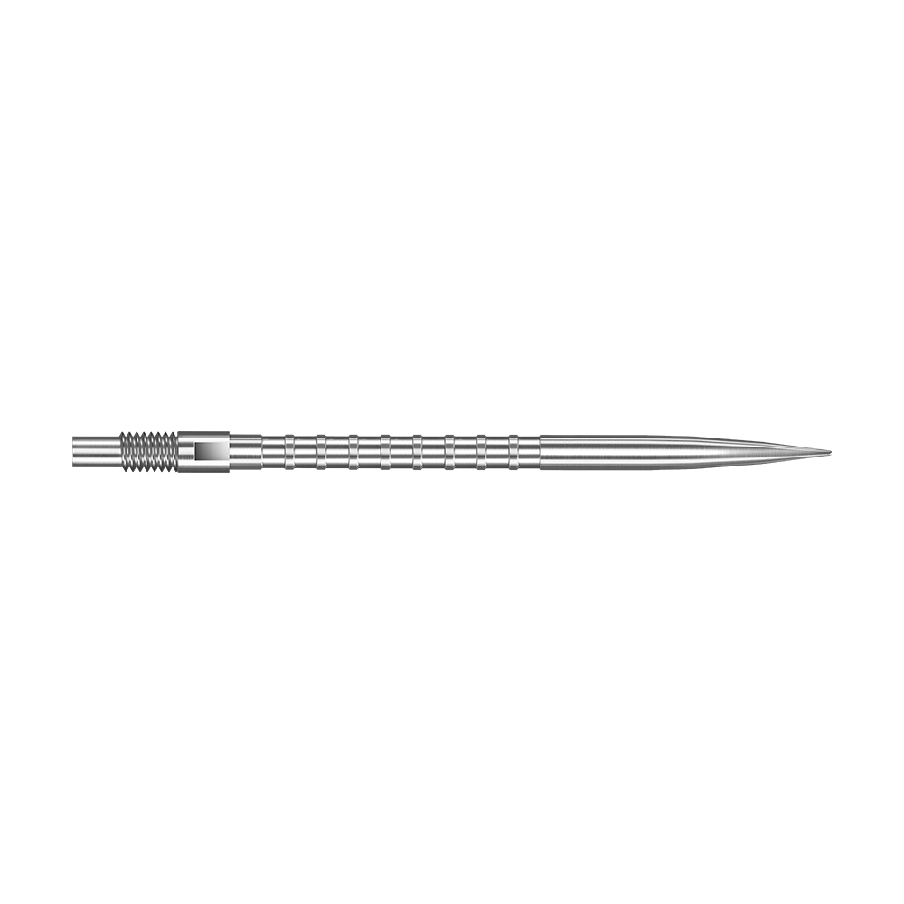 Harrows Quick Point Heavy Metal Dartspitzen - Silber Das Bild zeigt eine silberne Dartspitze mit Heavy Metal Grip, 40 mm lang. Die Spitze liegt auf weißem Hintergrund.