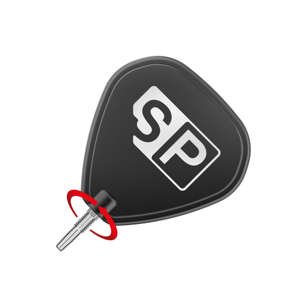 Target Swiss Point RVE Dartspitzen - Silber Das Bild zeigt eine Dartspitze mit einem schwarzen Flight, auf dem die Buchstaben "SP" zu sehen sind. Ein roter Pfeil deutet eine Drehbewegung am silbernen Teil der Spitze an.