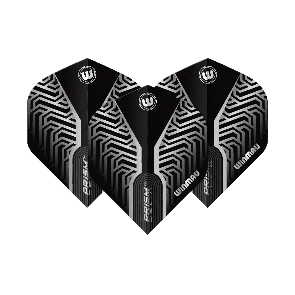Dieses Bild zeigt Winmau Prism Delta Silver No2 Standard Flights. Silberne und schwarze Dart-Flights sind dargestellt.