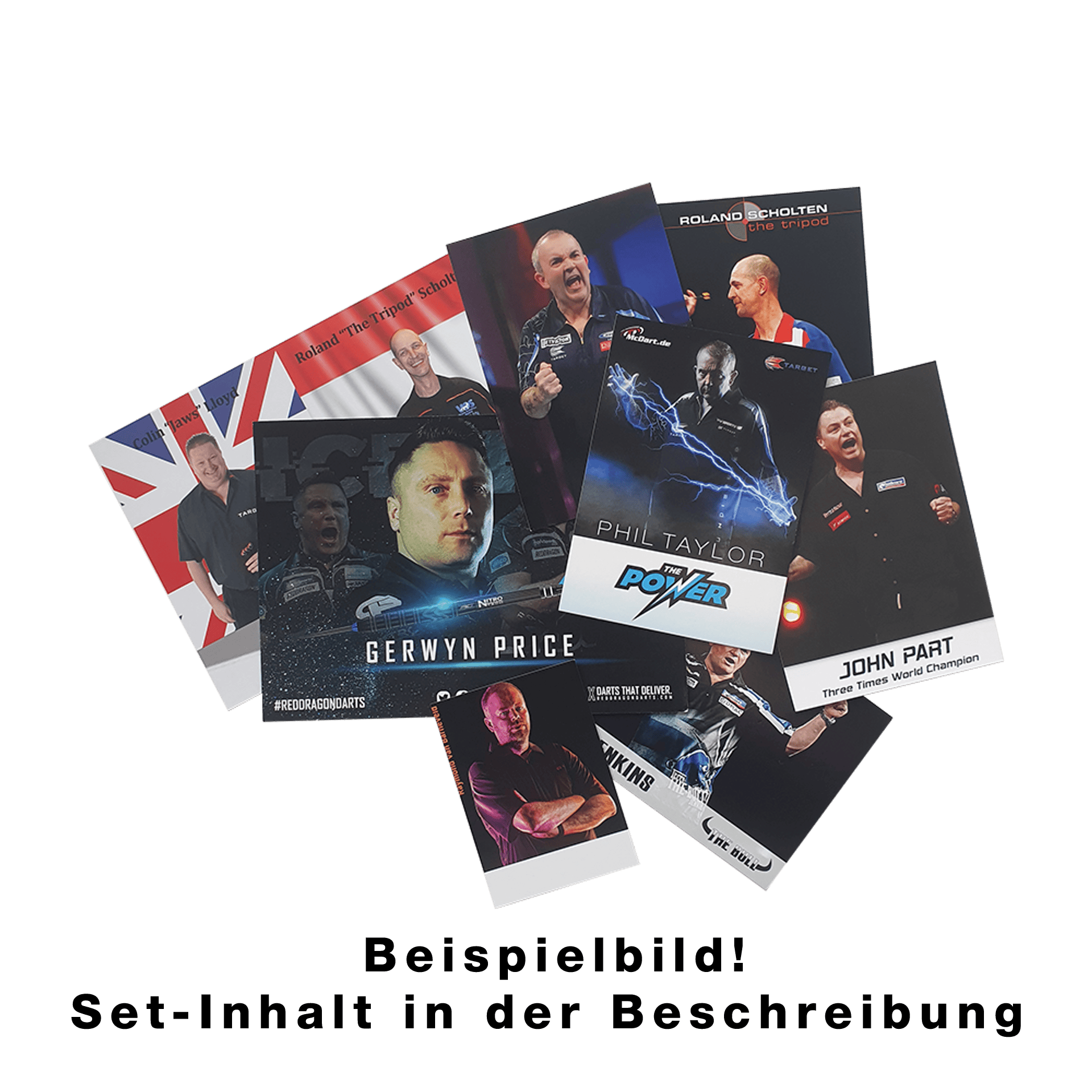 Das Bild zeigt ein Set von Spielerkarten mit bekannten Dartspielern. Auf den Karten sind Fotos und Namen der Spieler abgebildet.