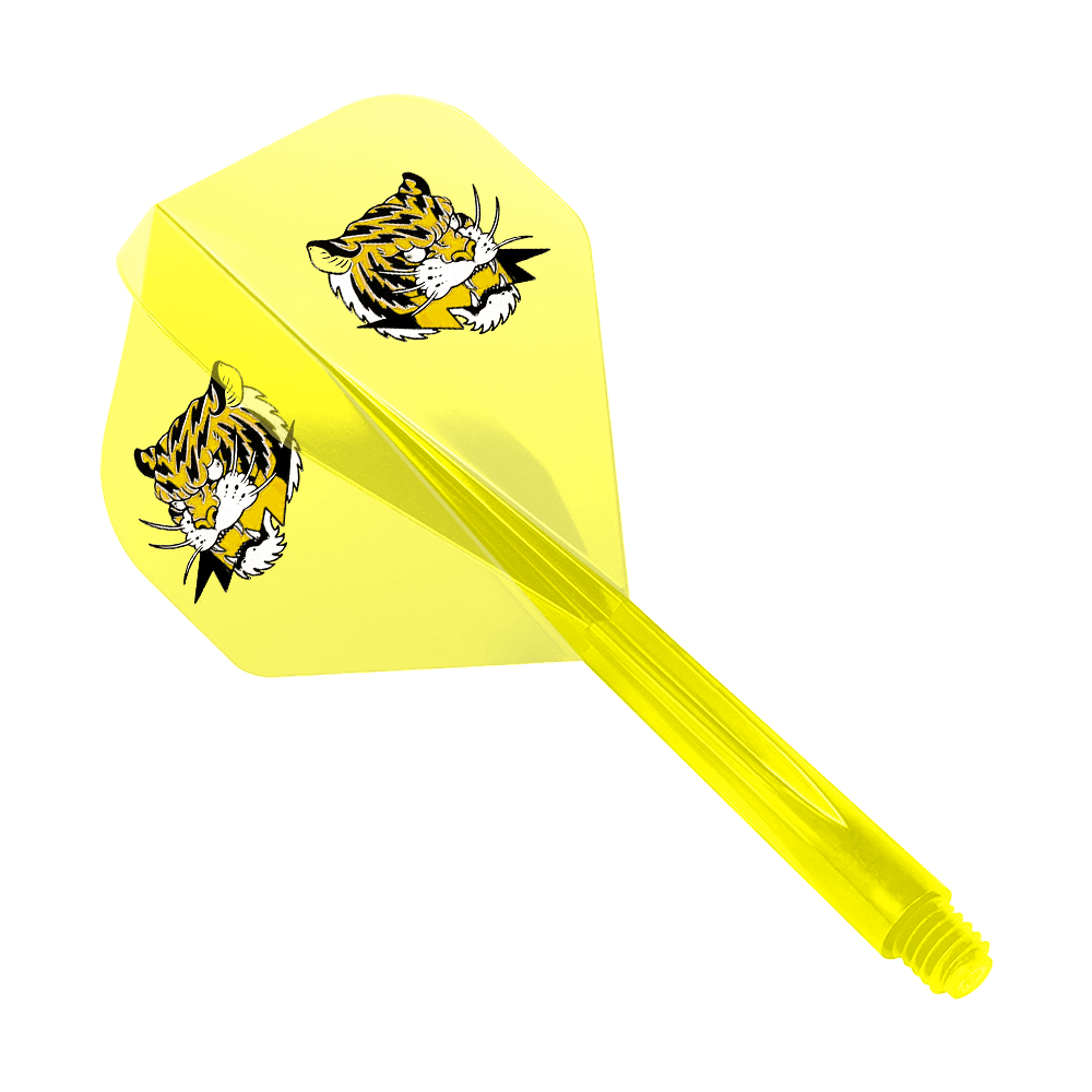 Condor AXE Inazuma Tiger Mix Flight-System Yellow Clear - Standard Das Bild zeigt einen gelben Dart-Flight mit zwei Tigerköpfen als Motiv. Das Produkt ist das "Condor AXE Inazuma Tiger Mix Flight-System Yellow Clear - Standard".