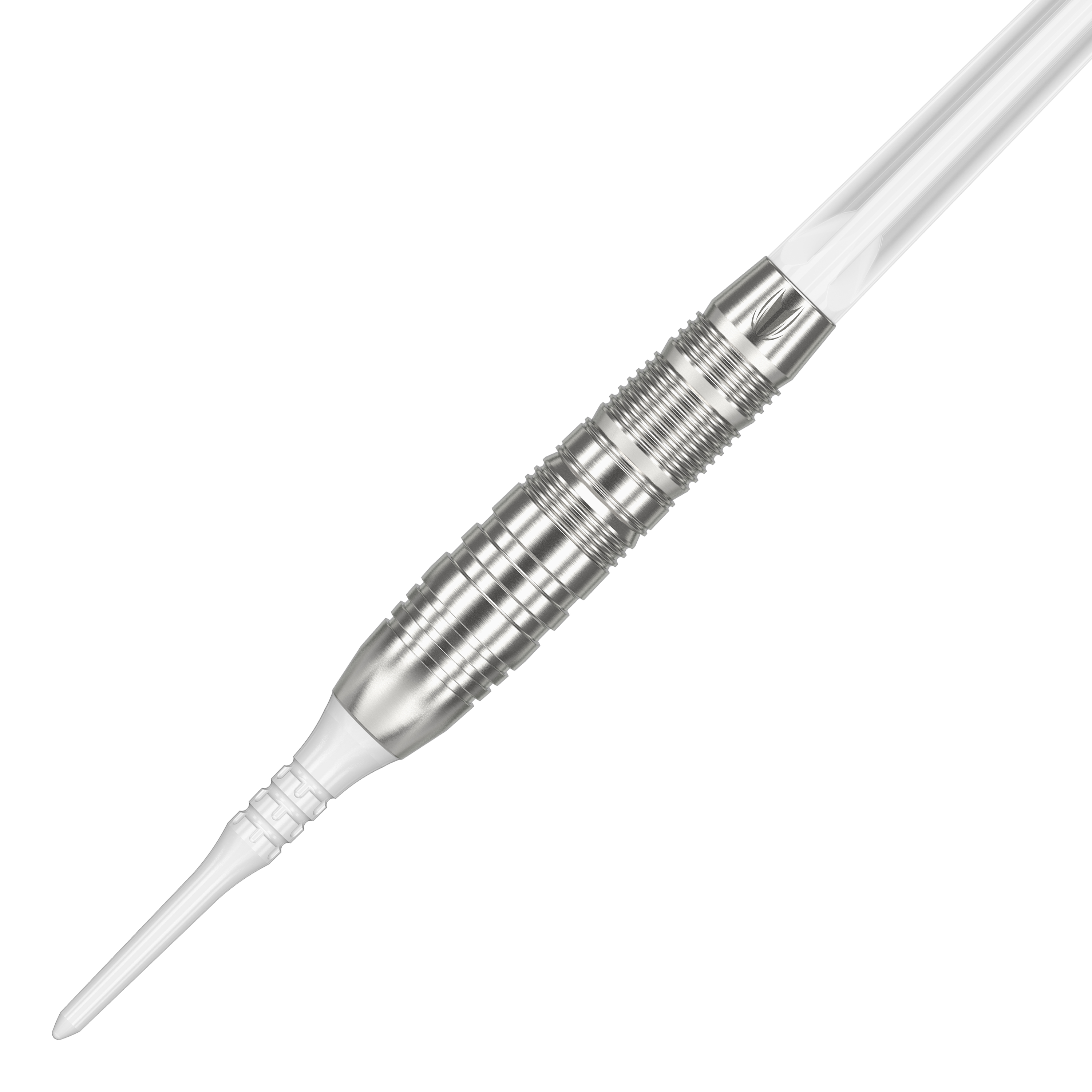 Freccette morbide Target Japan Crux Trust - 17 g Dies ist ein silberner Softdartpfeil mit einem weißen Kunststoffspitze. Das Produkt heißt "Target Japan Crux Trust Softdarts - 17g".