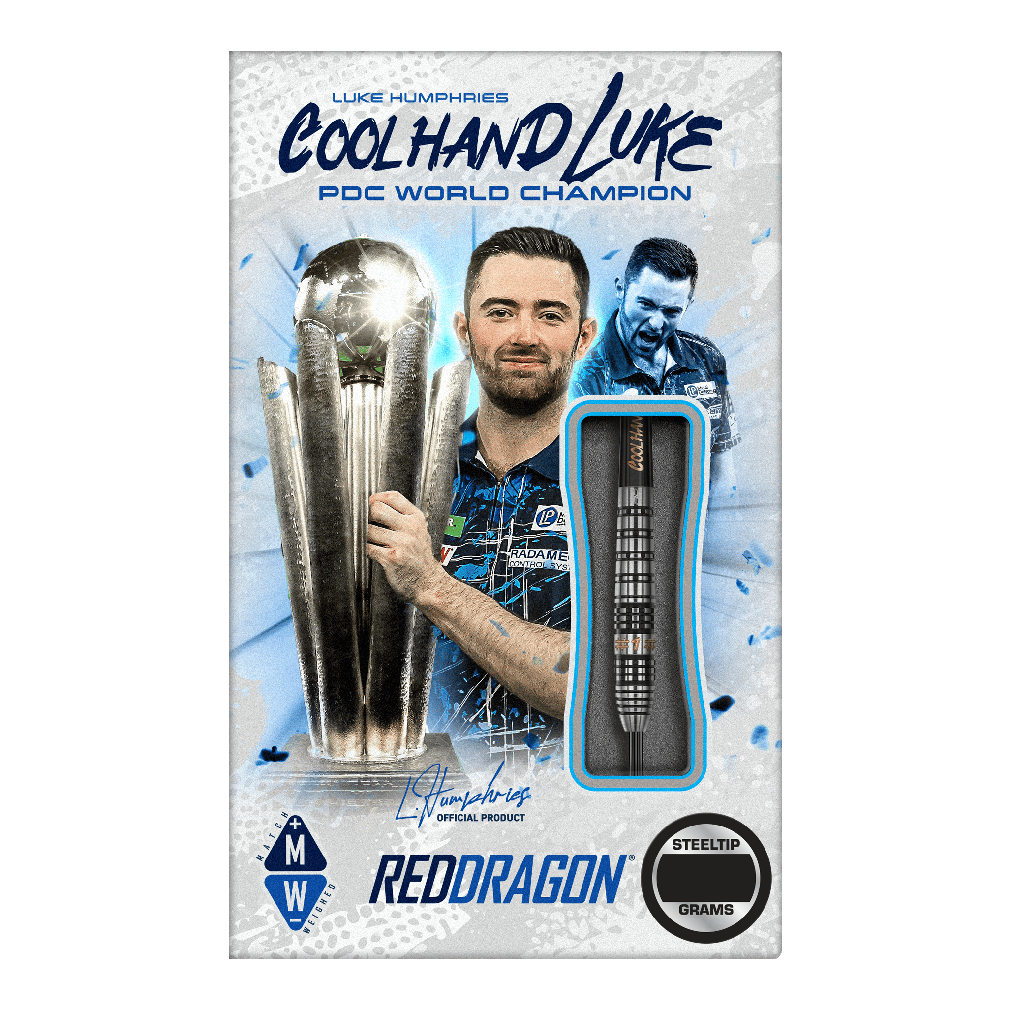 Dardos de acero Red Dragon Luke Humphries Prestige Das Bild zeigt das Produkt "Red Dragon Luke Humphries Prestige Steeldarts". Auf der Verpackung ist Luke Humphries mit einem Pokal und einem Steeldart abgebildet.