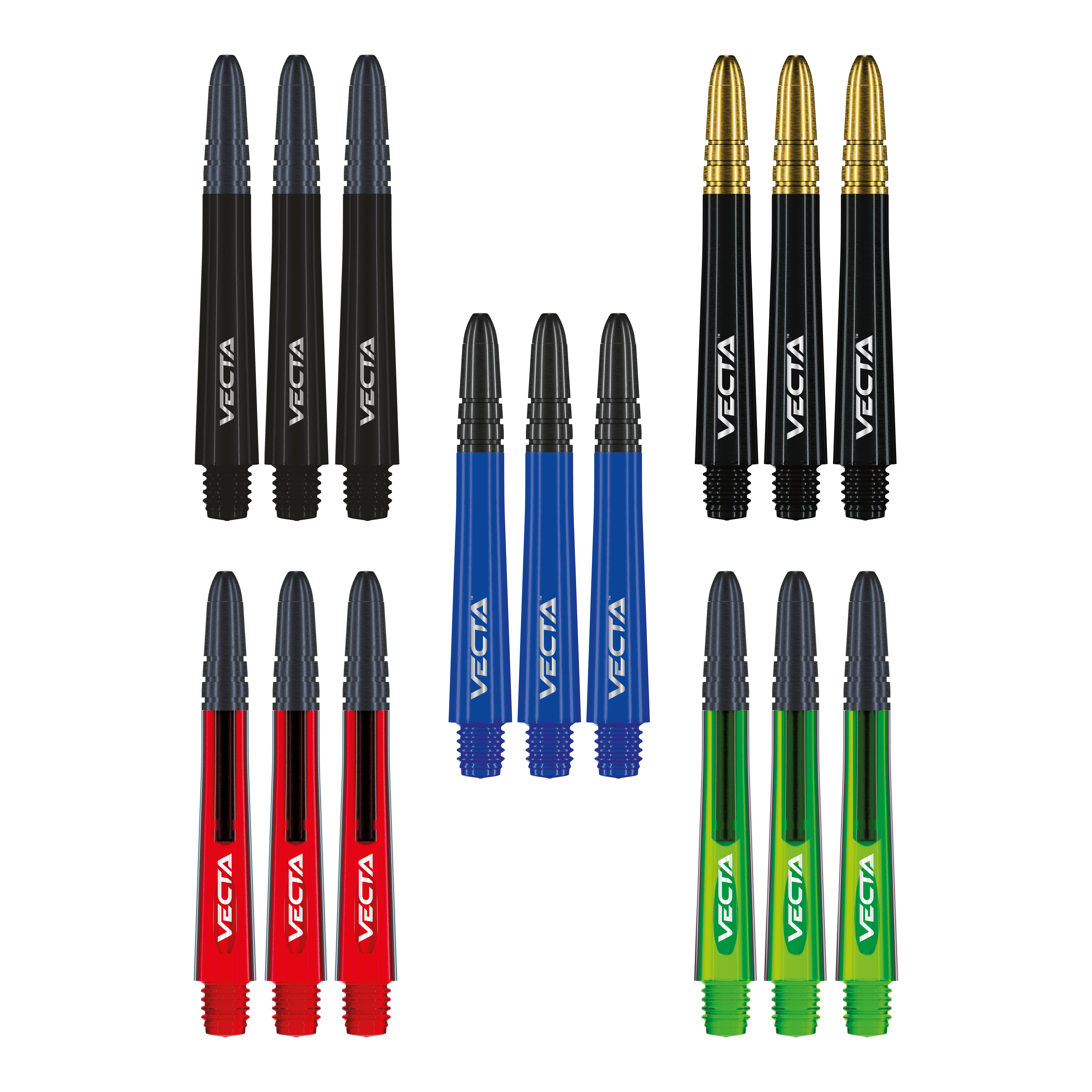 Kolekce shaftů Winmau Vecta Das Foto zeigt die Winmau Vecta Shaft Collection. Die Sammlung umfasst verschiedene Dartschäfte.