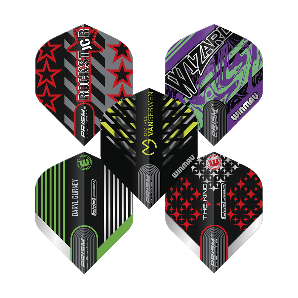 8140_Winmau_Players_Pro_Design_Prism_Flight_Collection_2 Das Bild zeigt fünf unterschiedlich gestaltete Dart-Flights aus der Winmau Players Pro Design Prism Flights Collection. Jeder Flight hat ein individuelles Design mit verschiedenen Farben, Mustern und Namen.