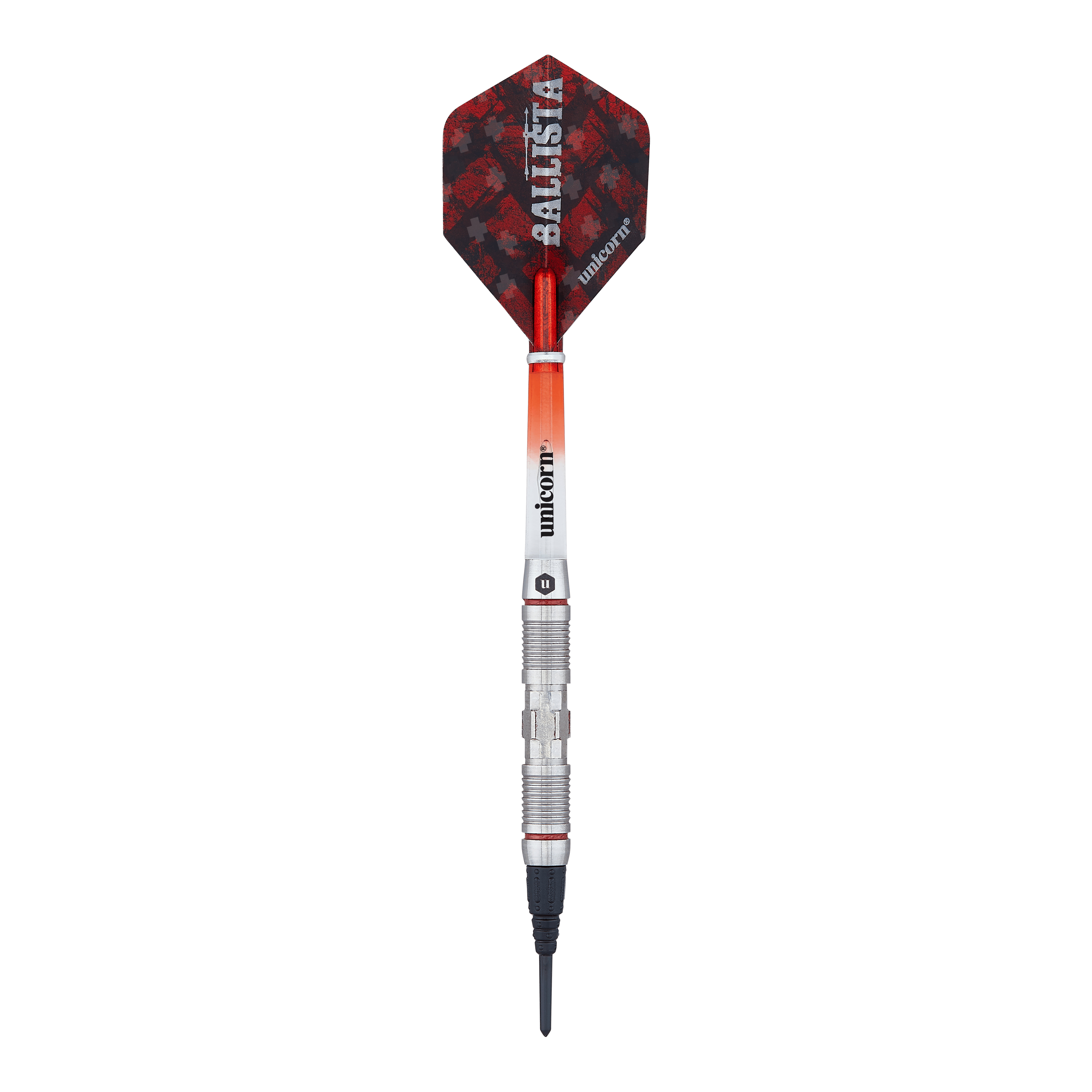 Unicorn Ballista Style 2 freccette morbide Das Bild zeigt einen Softdart aus der Produktreihe "Unicorn Ballista Style 2". Der Dart hat eine rot-schwarze Flight und einen silbernen, strukturierten Schaft.