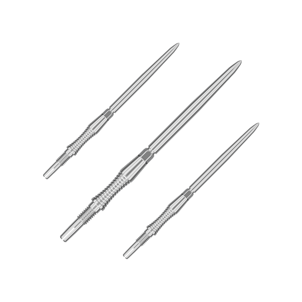 Embouts de fléchettes Target Swiss Point Signature RST - Argent Auf dem Bild sind Dartspitzen aus dem Set '340302_Target_Swiss_Point_Dartspitzen_Signature_RST_Silber_42mm_1Set' abgebildet. Mehrere silberne Dartspitzen sind zu erkennen.