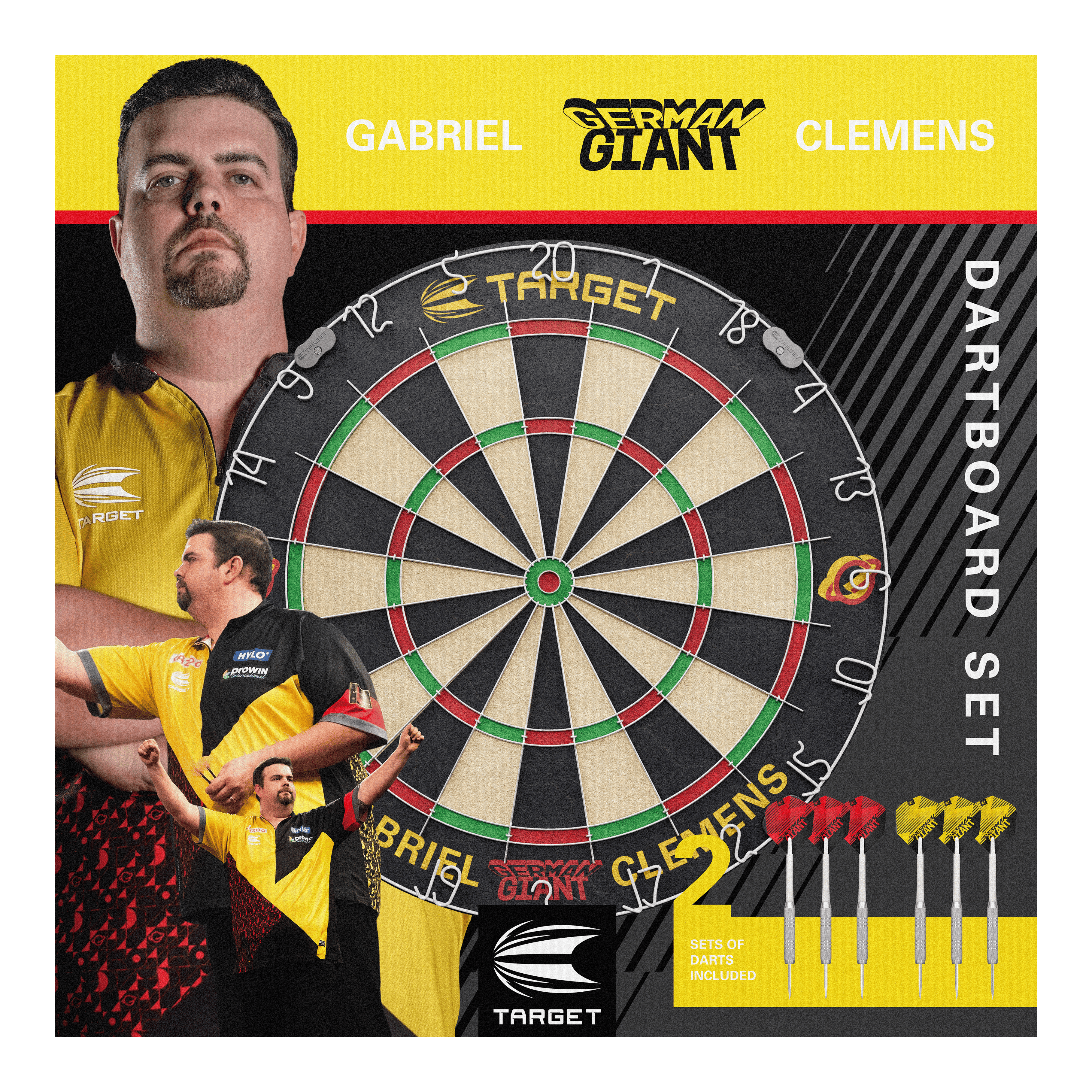 Sada ocelových terčů Target Gabriel Clemens Das Bild zeigt das "Target Gabriel Clemens Steeldartboard Set" mit einem großen Dartboard in der Mitte. Rechts unten sind zwei Sets von Darts abgebildet, und im Hintergrund sieht man Bilder von Gabriel Clemens.