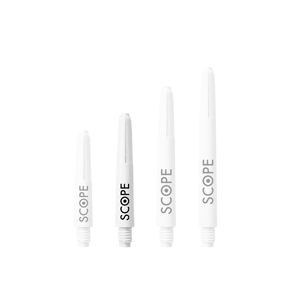 525_McDart_Scope_Nylon_Shafts_Weiss_34mm_1 Das Bild zeigt vier McDart Scope Nylon Shafts in unterschiedlichen Längen. Sie sind weiß und haben das Wort "SCOPE" in schwarzer Schrift aufgedruckt.