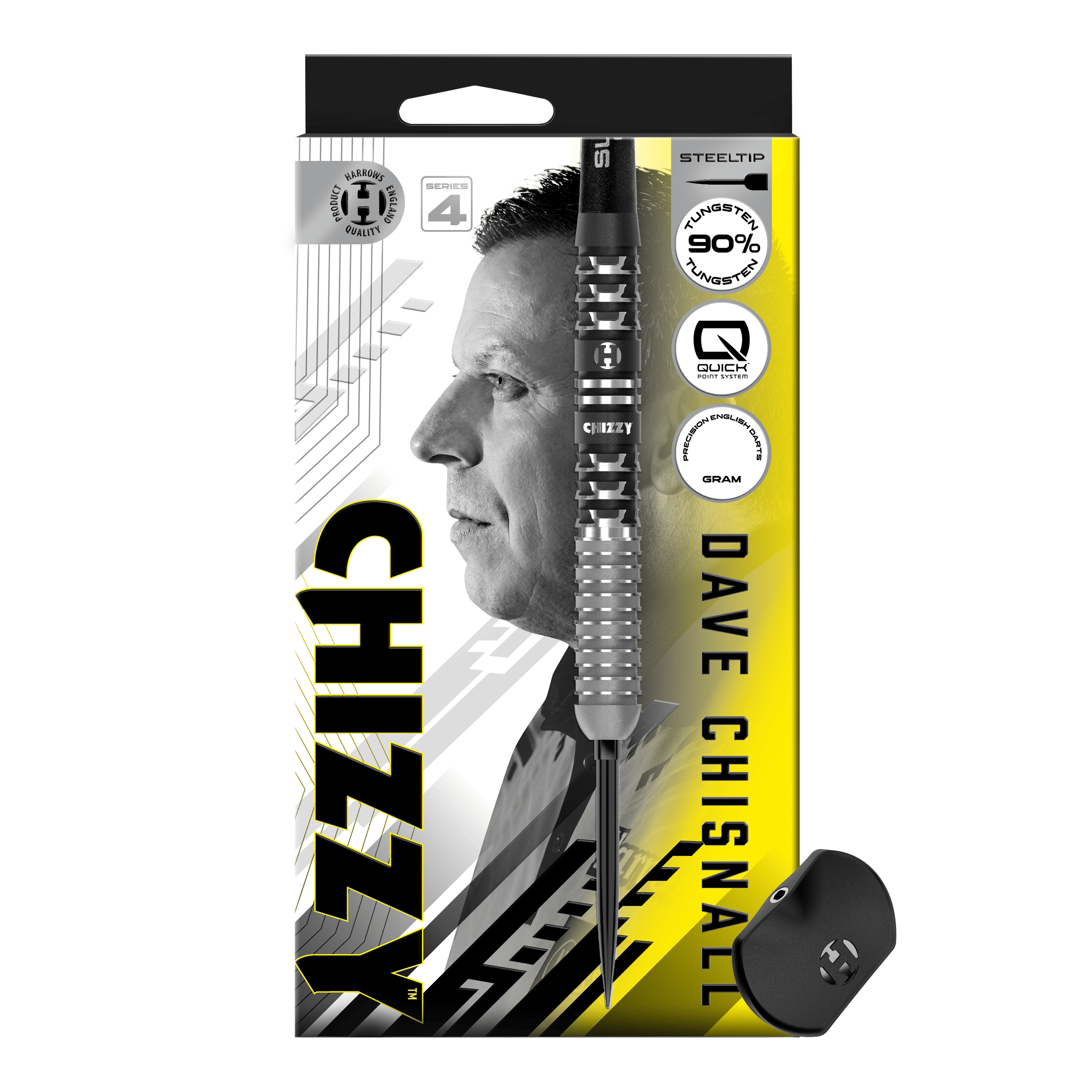 Das Bild stellt die Harrows Dave Chisnall Chizzy Series 4 Quick Point Steeldarts dar. Diese Steeldarts sind auf maximale Leistung und Genauigkeit ausgelegt.