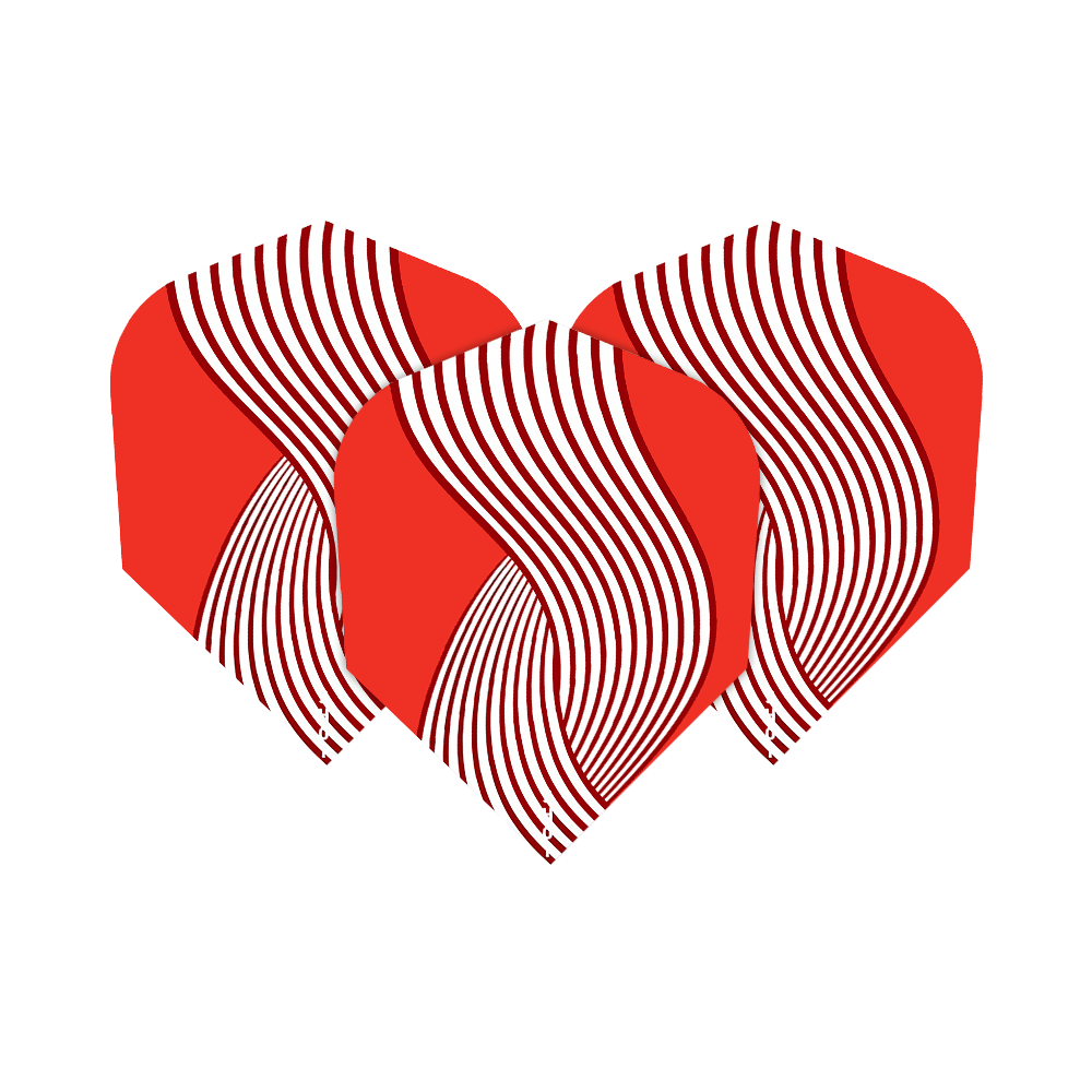 Shot ZEN Kyudo No6 Flights Das Bild zeigt drei rote Flights für Dartpfeile mit weißen, geschwungenen Linienmustern. Es handelt sich um das Produkt „Shot ZEN Kyudo No6 Flights“.