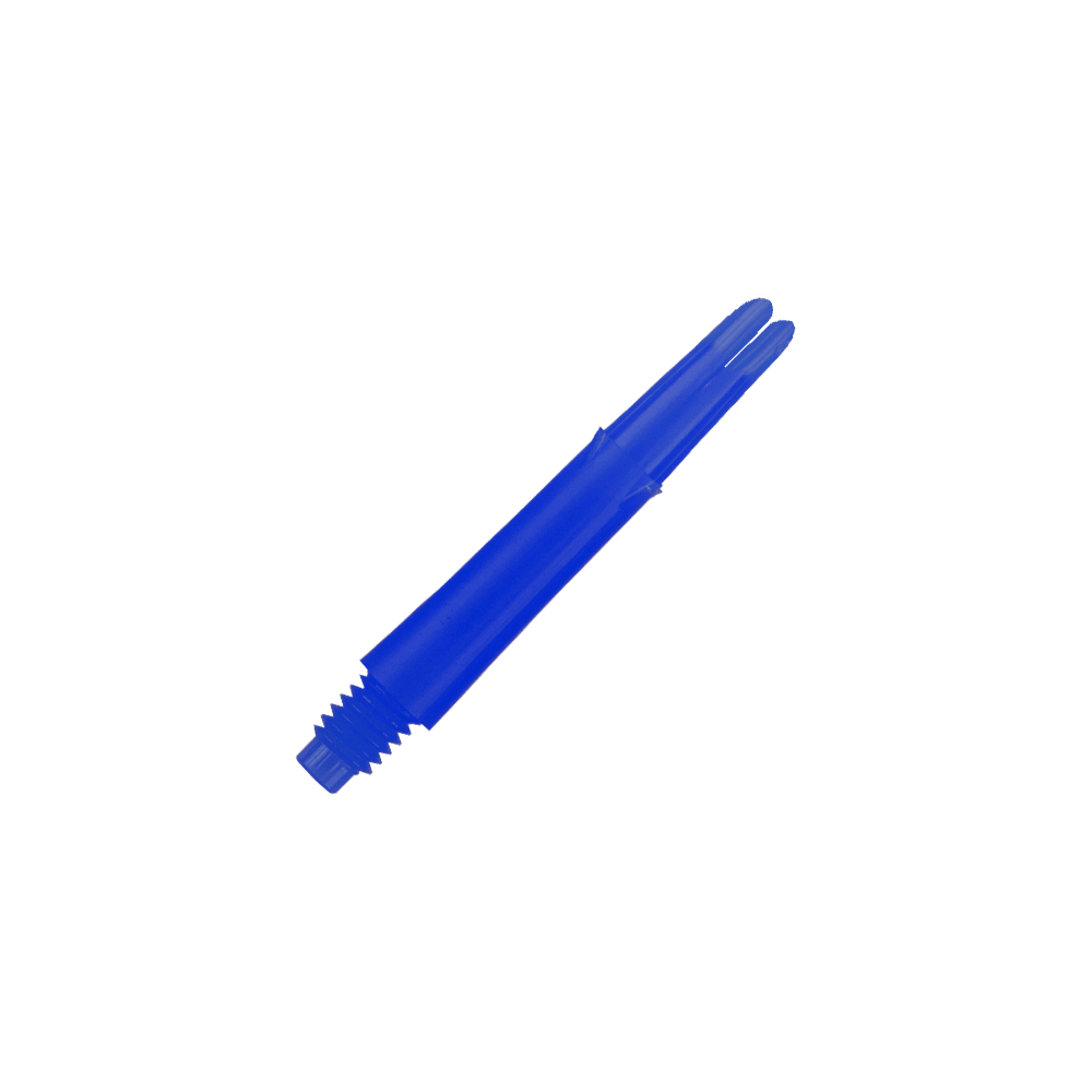 L-tvarované L-hřídele, rovné, zajištěné - modré Das Bild zeigt einen blauen geraden Dart-Schaft mit Gewinde am unteren Ende. Der Schaft ist 32 mm lang und hat keine Kappen.