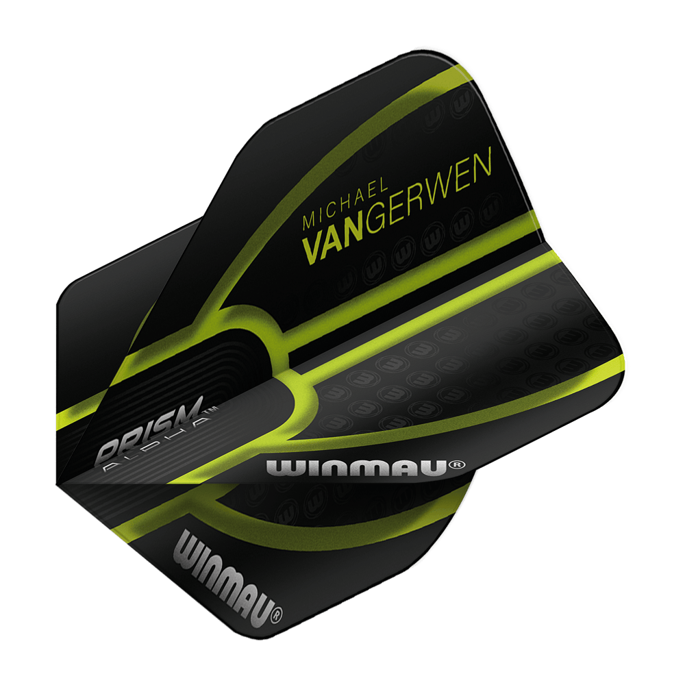 6915-143_Winmau_Prism_Alpha_MvG_Black_Green_V1_Standard_Flights_2 Winmau Prism Alpha MvG Black Green V1 Standard Flights werden dargestellt. Die Flights haben ein auffälliges schwarzes Muster.