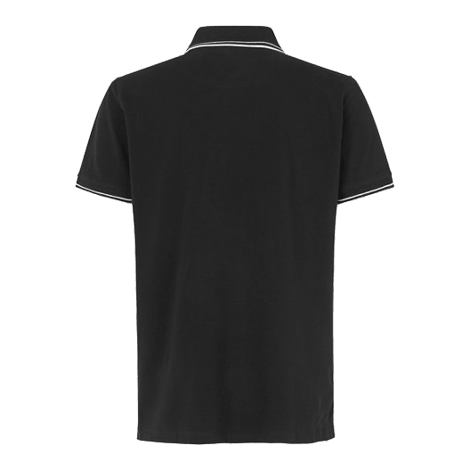 Barrels and Shafts Polo Shirt - Black Das Bild zeigt ein schwarzes Poloshirt mit kurzen Ärmeln. Am Kragen und an den Ärmeln sind weiße Zierstreifen sichtbar.
