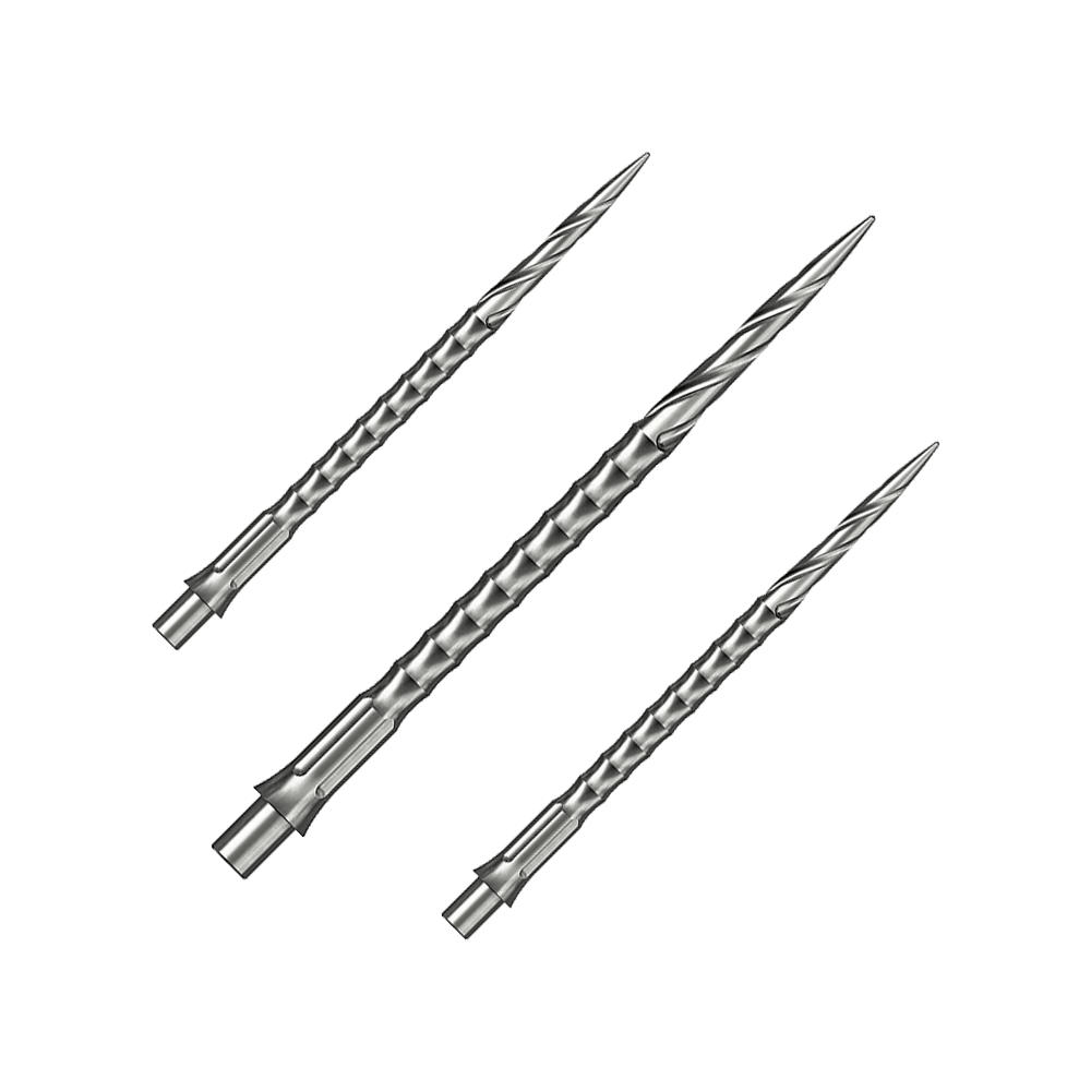 Caliburn System Steeldartspitzen - Spiro - NoLip - Silber Dieses Bild zeigt ein Set von silbernen Steeldartspitzen des Caliburn Evo Systems. Das Spiro NoLip Design ist erkennbar, die Spitzen sind 40 mm lang.
