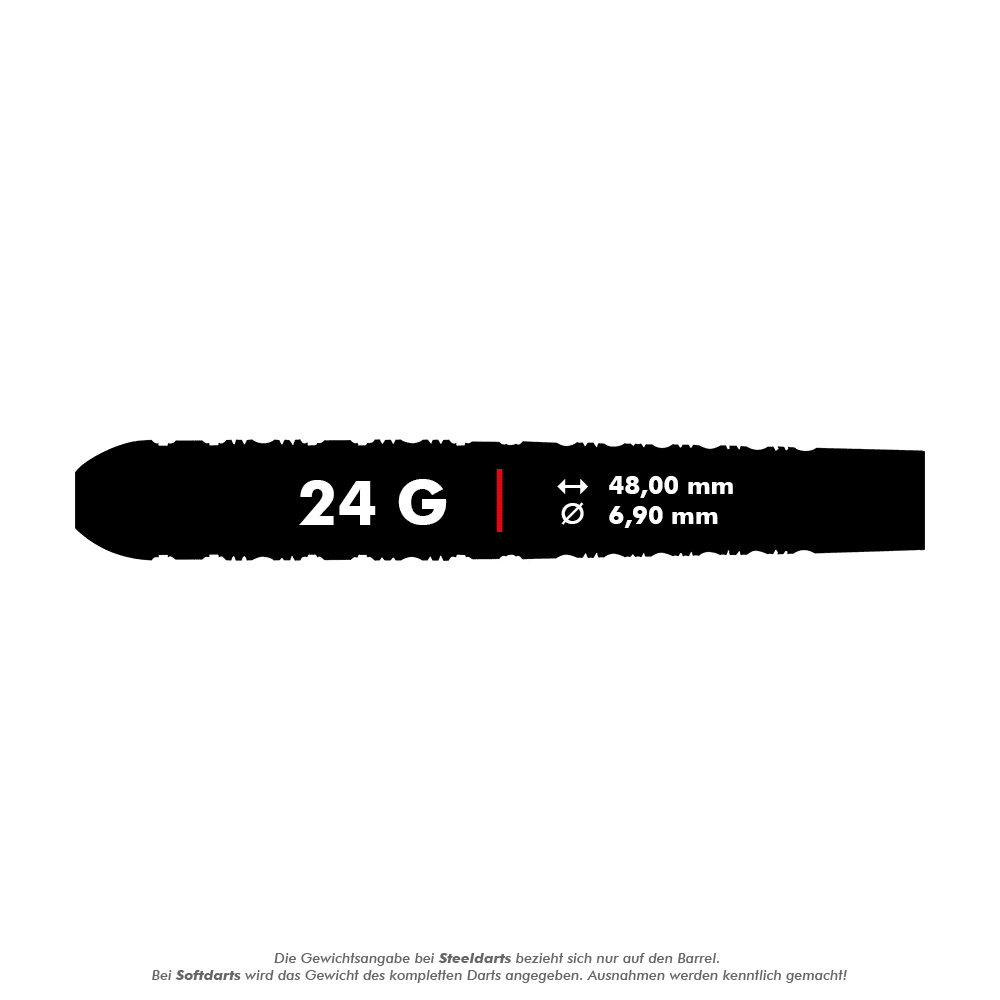 Shot Pro-Series Haupai Puha 2 steel darts - 24g Das Bild zeigt die Produktdetails der Shot Pro-Series Haupai Puha 2 Steeldarts mit einem Gewicht von 24 Gramm. Die Darts haben eine Länge von 48,00 mm und einen Durchmesser von 6,90 mm.