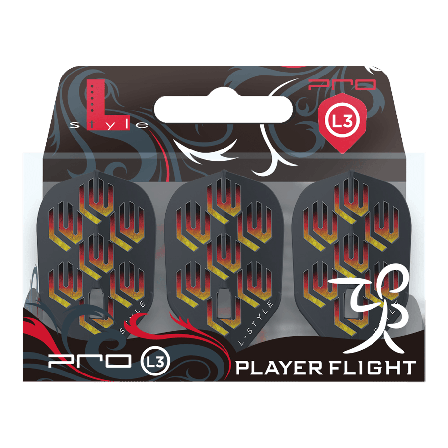Plumas L-L-Styleukas Wenig V1 Black L3PRO Das Bild zeigt die "L-Style Lukas Wenig V1 Black L3PRO Flights" in ihrer Verpackung. Die Flights sind schwarz mit einem rot-gelben Muster und dem Schriftzug "L-Style".