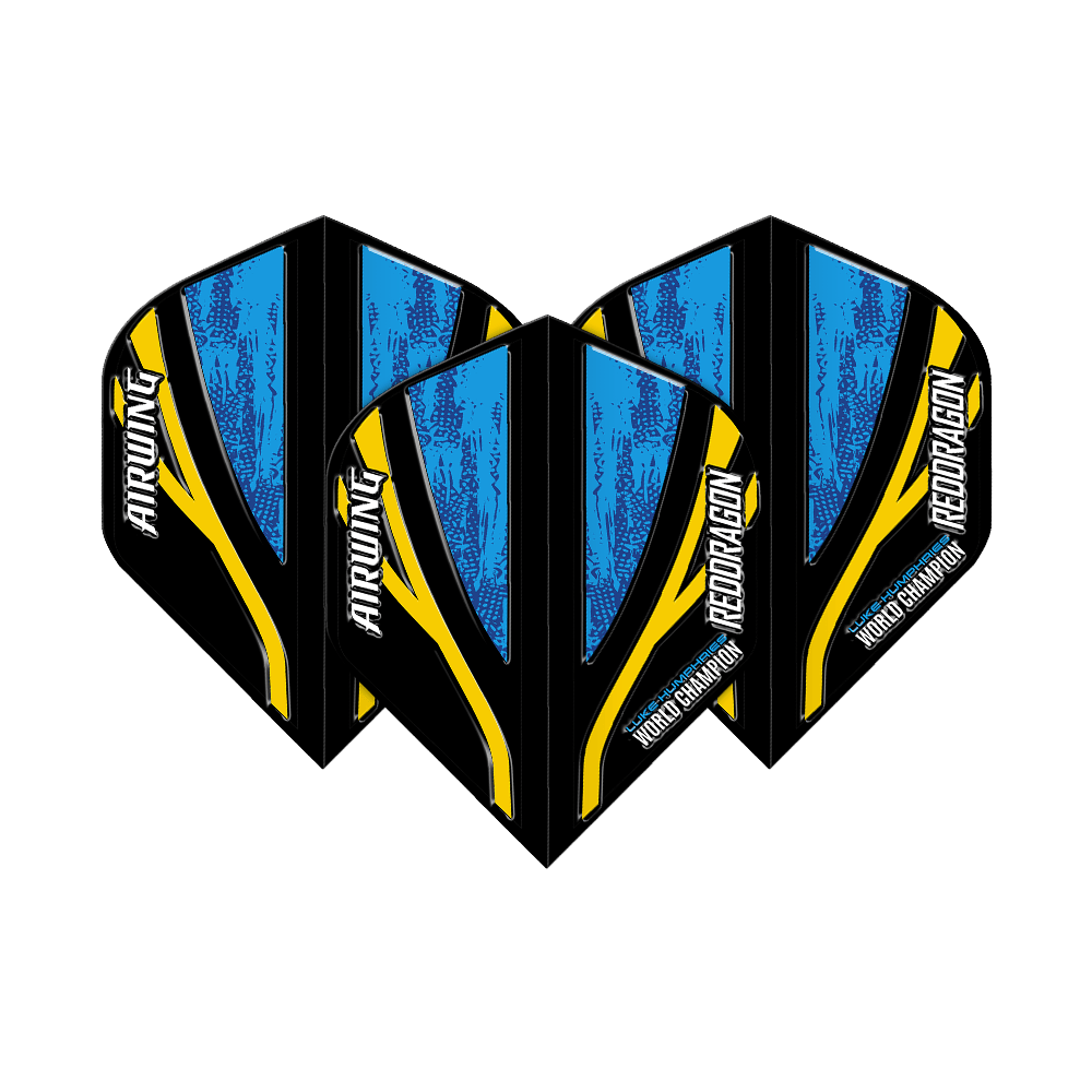 Red Dragon Airwing Luke Humphries Mistrz Świata Czarno-niebieski Standardowe Loty Das Bild zeigt drei Dartflights mit dem Namen "Red Dragon Airwing Luke Humphries World Champion Black Blue Standard Flights". Die Flights sind überwiegend blau und schwarz mit gelben Akzenten und weißer Schrift.