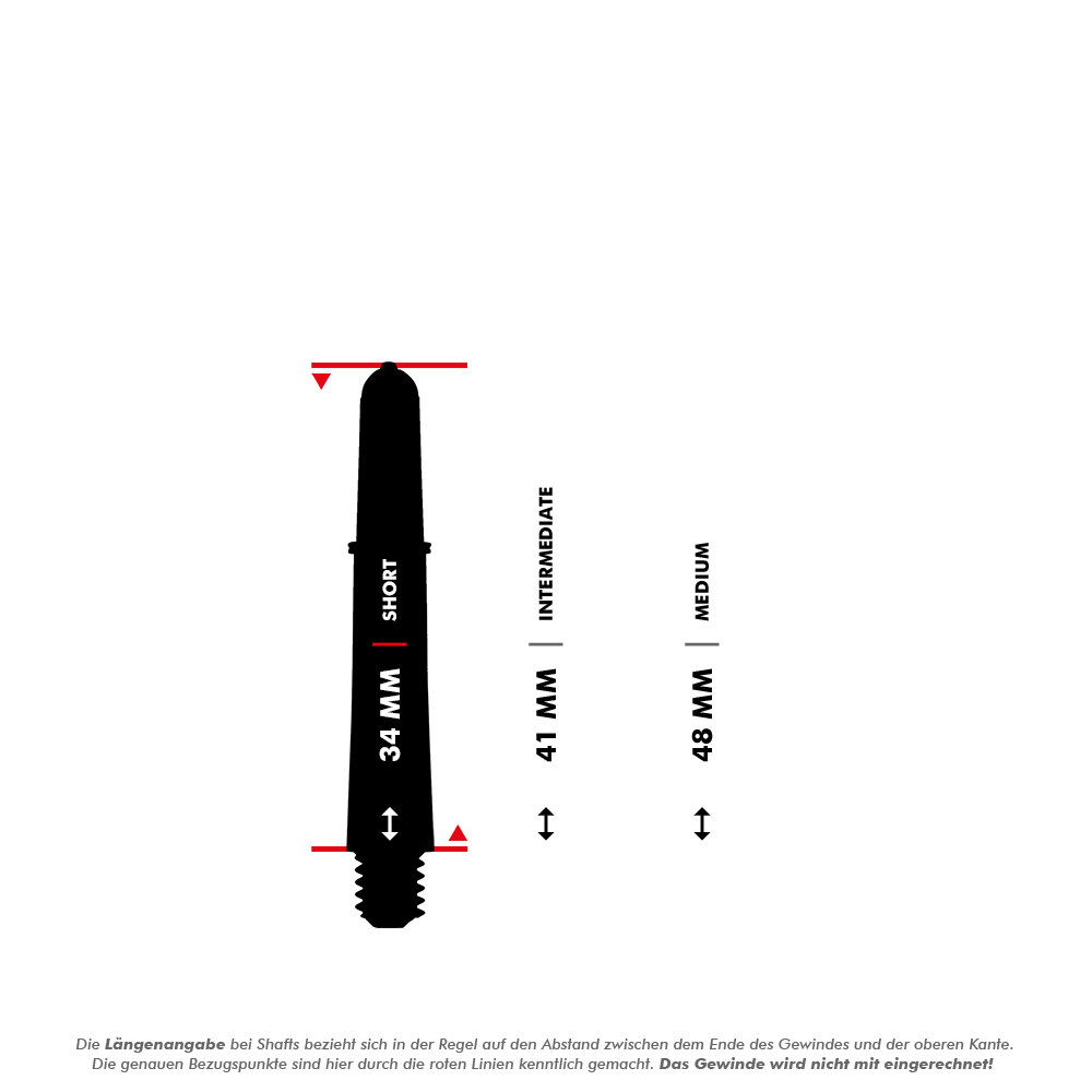 Aste Target Pro Grip Vision - 3 set - Giallo Das Bild zeigt einen kurzen Target Pro Grip Vision Shaft mit einer Länge von 34 mm. Rechts daneben sind die Größen "Intermediate" (41 mm) und "Medium" (48 mm) als Vergleich dargestellt.
