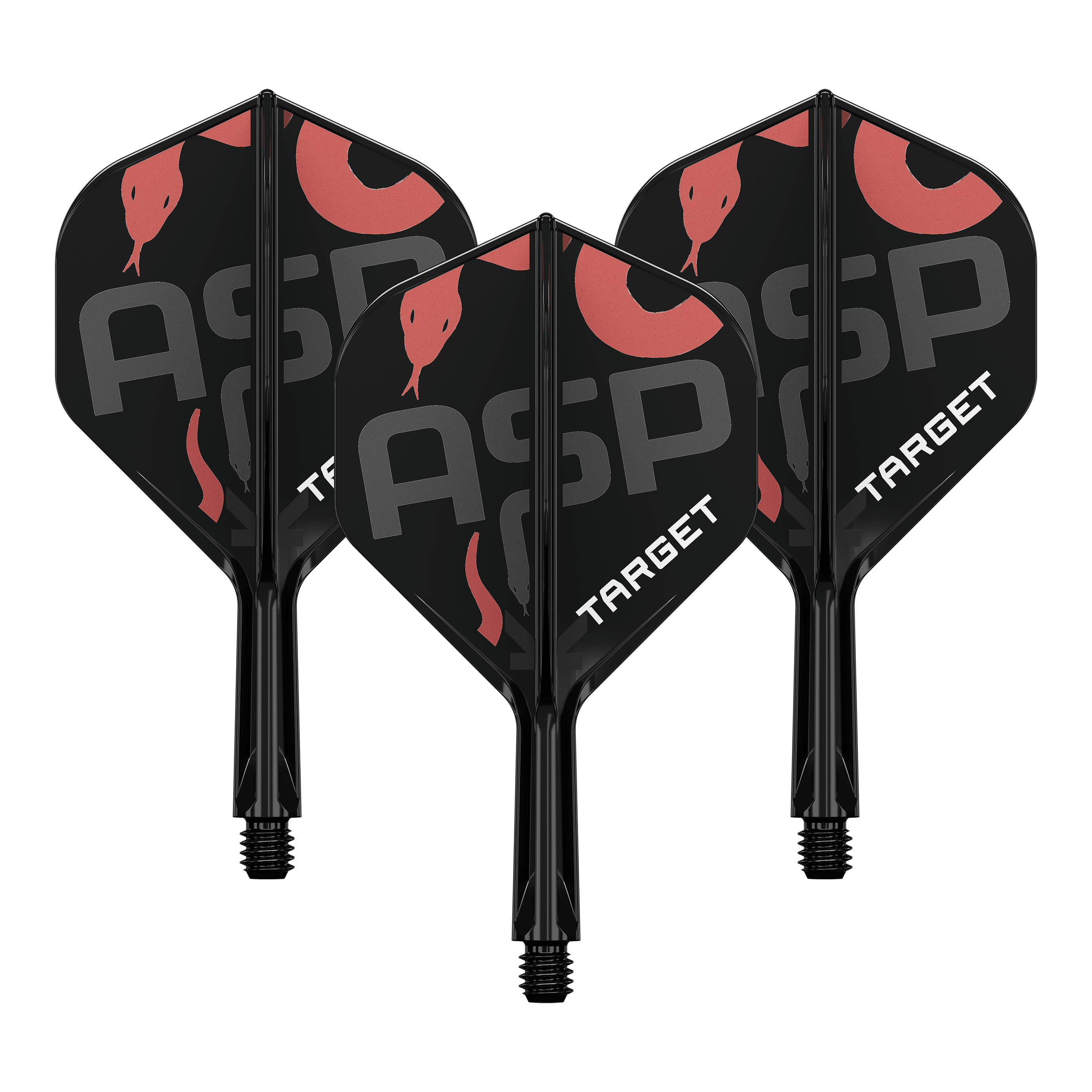 Sistema di alberi di volo standard Target K-Flex Nathan Aspinall No2 Auf dem Bild sind drei schwarze Dartflights mit Schäften zu sehen. Die Flights tragen die Aufschrift "ASP" und "TARGET" sowie ein rotes Schlangenmotiv.