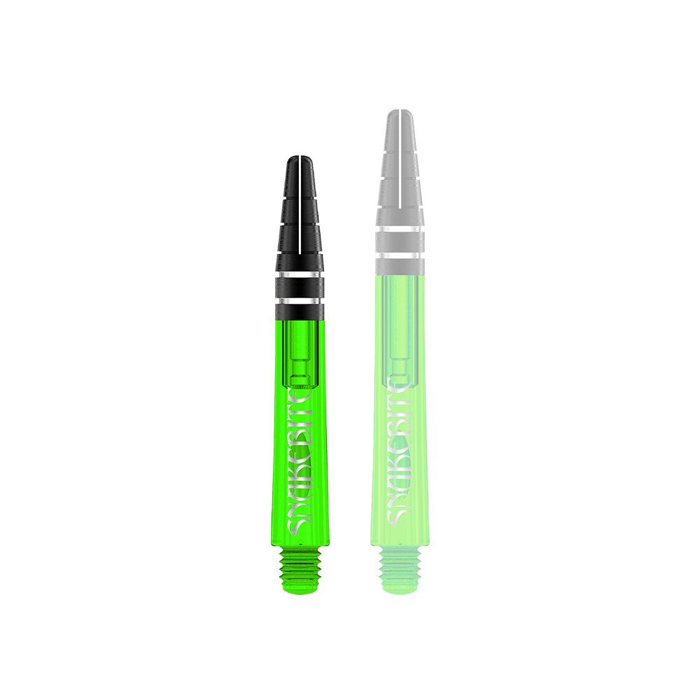C644_Red_Dragon_Nitrotech_Peter_Wright_Green_Shafts_36mm_1EPiksVHSbEuak Auf dem Bild sind zwei grüne Dartshafts der Marke Red Dragon Nitrotech Peter Wright zu sehen. Die Shafts haben schwarze Spitzen und sind mit dem Schriftzug "Snakebite" bedruckt.