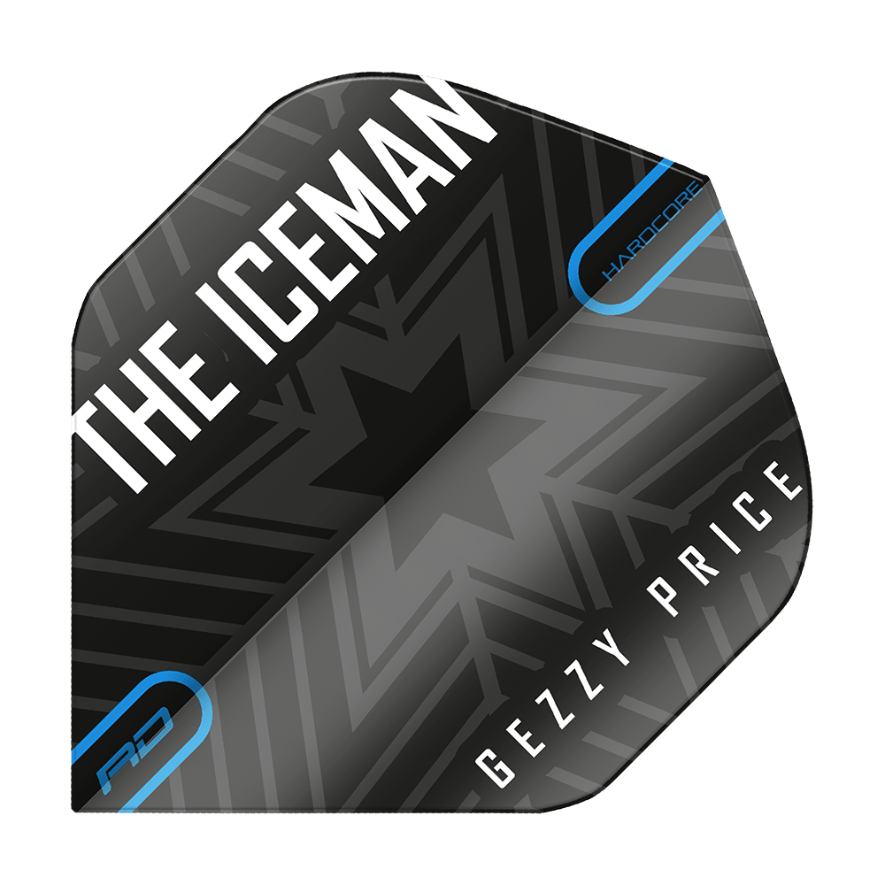 TF6479_Red_Dragon_Gerwyn_Price_Black_Grey_Snowflake_Logo_Standard_Flights_1 Das Bild zeigt ein Dartflight in Schwarz und Grau mit Schneeflocken-Design. Auf dem Flight stehen die Wörter "THE ICEMAN" und "GEZZY PRICE".
