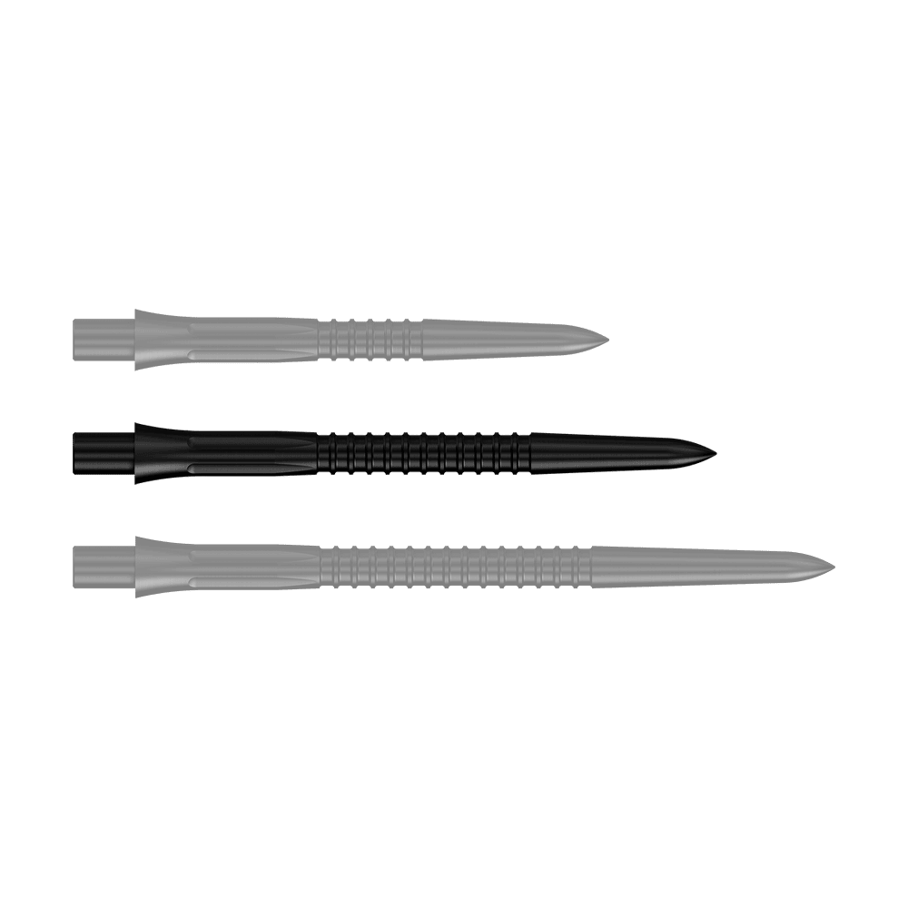 Embouts de fléchettes Mission Caliburn EVO GV1 - Noirs Schwarze Steeldartspitze mit 32 mm Länge aus der Misson Caliburn EVO GV1 Reihe. Das Produktbild zeigt eine einzelne Spitze im Detail.