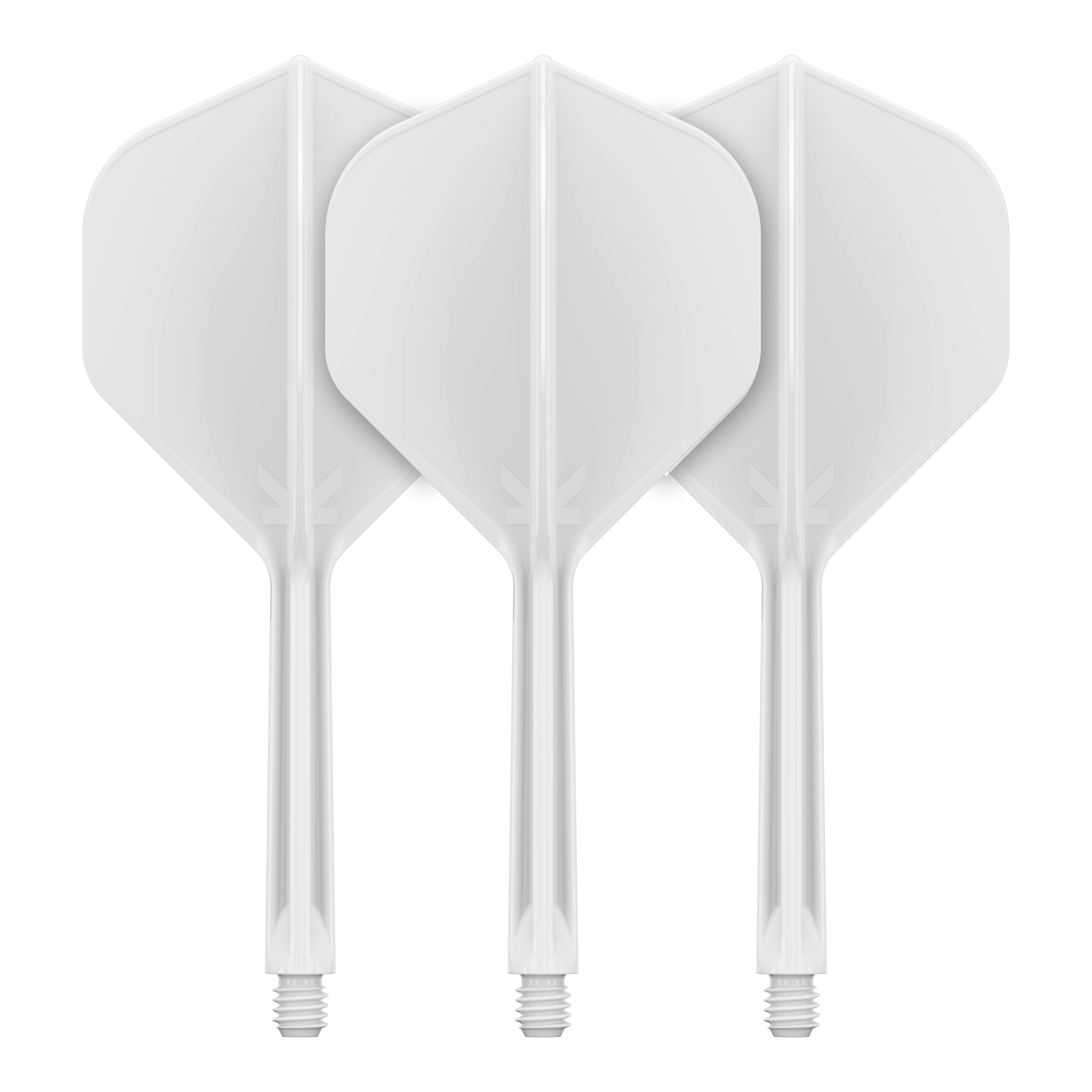 Target K-Flex No2 Standard Flight-System - Weiss Auf dem Bild sind drei weiße Dartflights mit Schaft zu sehen. Sie stehen nebeneinander und haben eine klassische, standardmäßige Form.