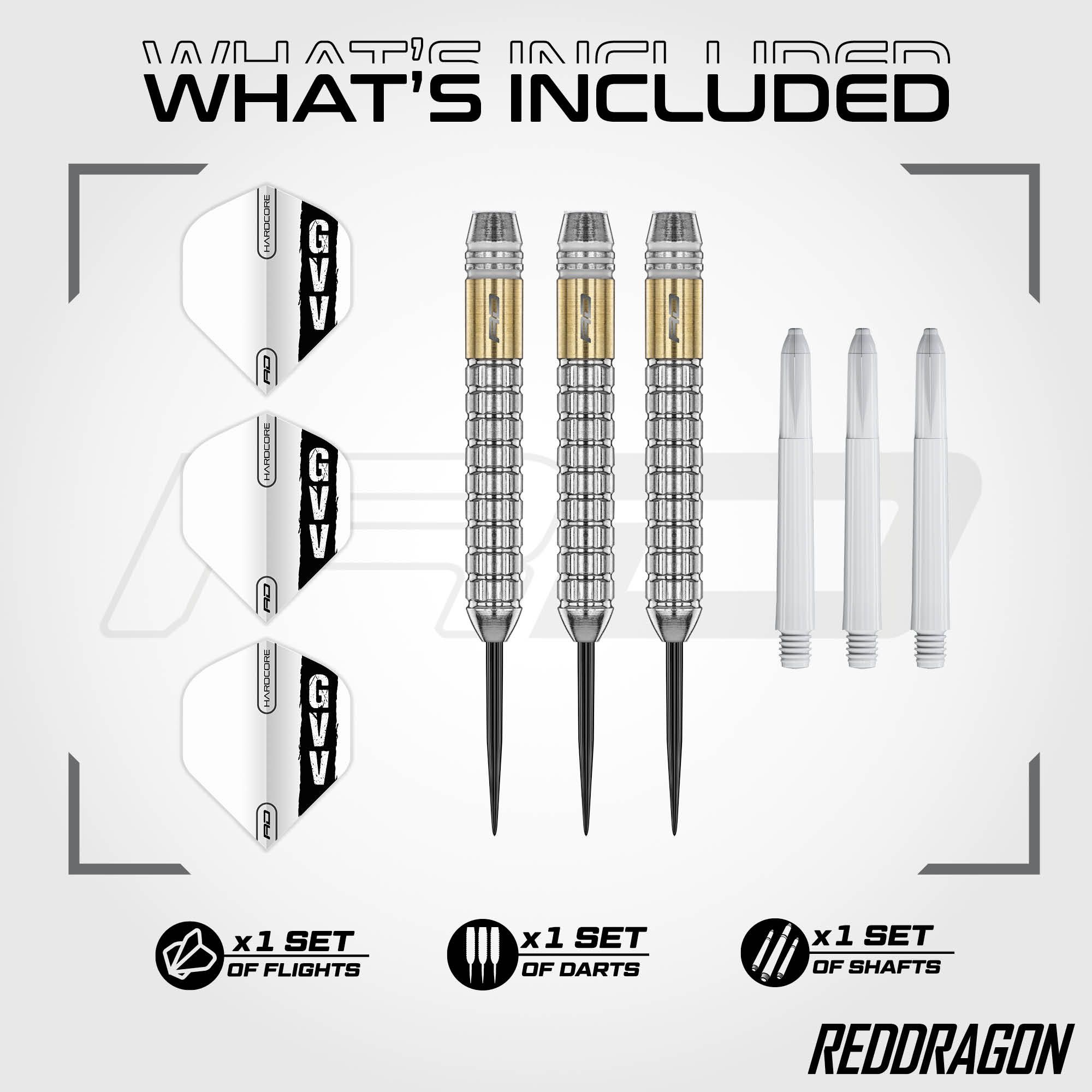 Red Dragon Gian Van Veen Messing Steeldarts - 21 g Hier sieht man die Red Dragon Gian Van Veen Brass Steeldarts - 21 g. Die Darts bestehen aus Messing und sind 21 g schwer.