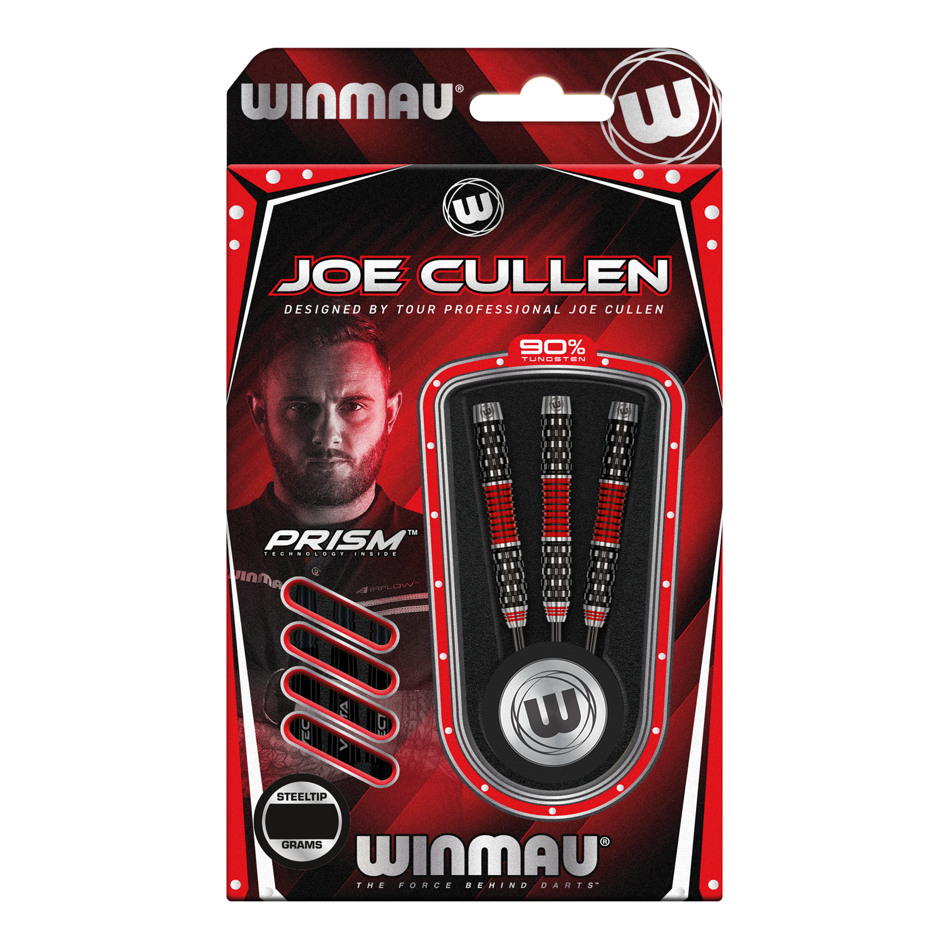 Šipky Winmau Joe Cullen Rockstar Series RS1 ocelové Die Verpackung zeigt die "Winmau Joe Cullen Rockstar Series RS1 Steeldarts". Im Inneren sind drei schwarz-rote Steeldarts zu sehen, die von Profispieler Joe Cullen entworfen wurden.