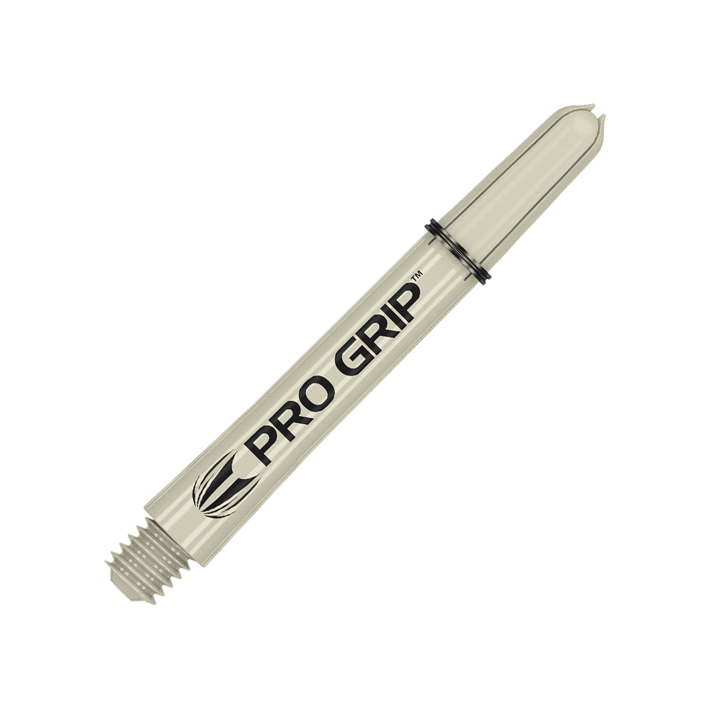 380151_Target_Pro_Grip_Shafts_Sand_41mm_2 Das Bild zeigt einen sandfarbenen Pro Grip Dart-Schaft mit schwarzer Aufschrift. Der Schaft hat ein Schraubgewinde an einem Ende und zwei schwarze Ringe am oberen Teil.