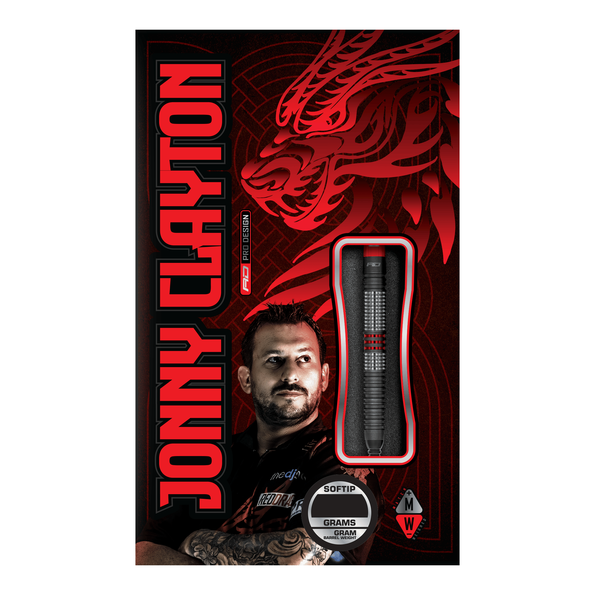 Dardos blandos Red Dragon Jonny Clayton Hiraeth - 20 g Die Abbildung zeigt die Verpackung der „Red Dragon Jonny Clayton Hiraeth Softdarts - 20g“. Auf der Vorderseite sind der Dart, ein Porträt von Jonny Clayton und ein roter Drachen als Design-Element zu sehen.