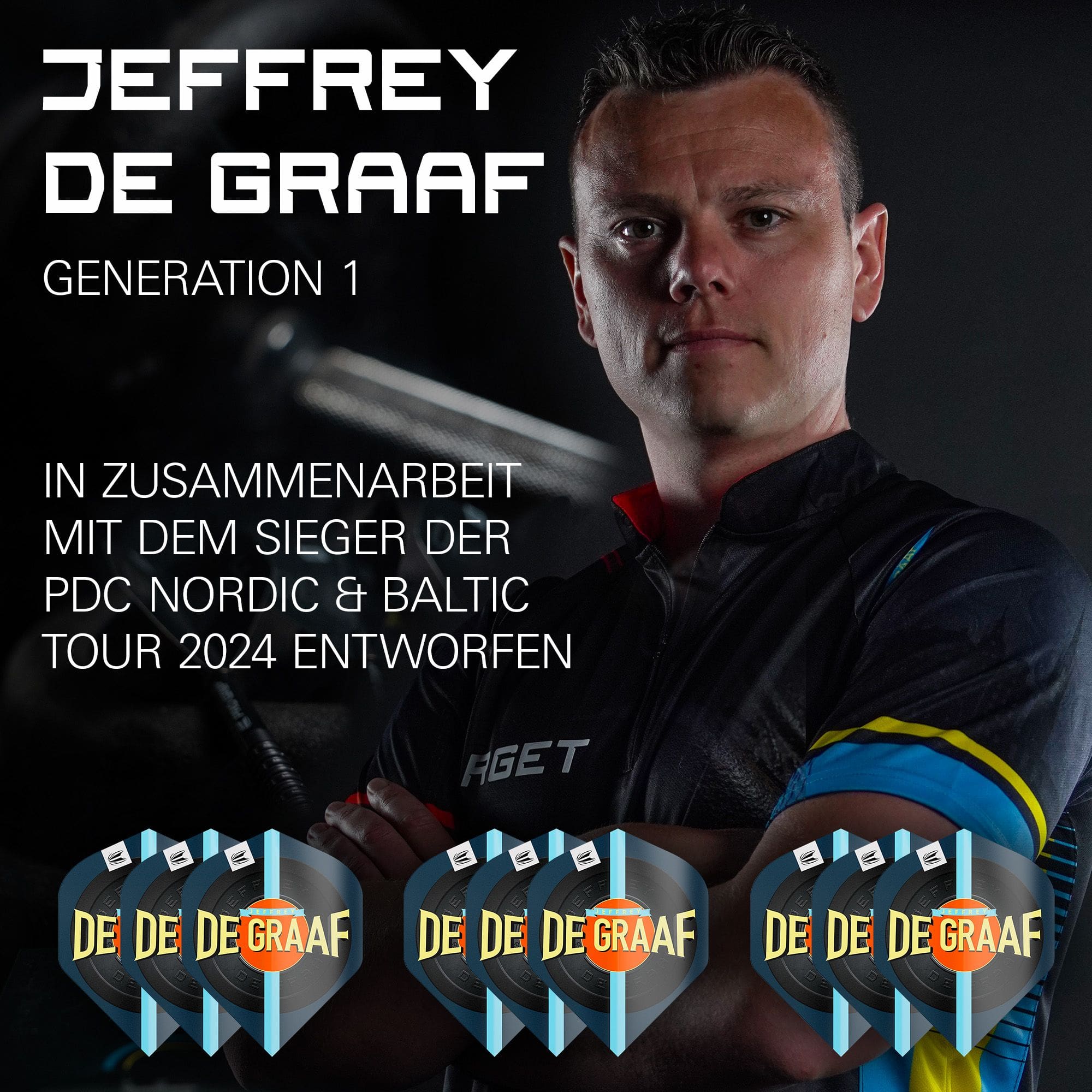 Target Pro Ultra Jeffrey De Graaf GEN1 No2 Vuelos Estándar - 3 juegos Das Bild zeigt Jeffrey de Graaf neben dem Produkt "Target Pro Ultra Jeffrey De Graaf GEN1 No2 Standard Flights - 3 Sets". Unten im Bild sind die drei Sätze der Flights mit dem Aufdruck "DE GRAAF" zu sehen.