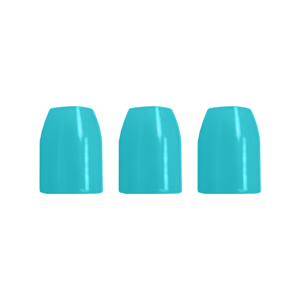 LSF7_L-Style_Champagne-Ringe_Hellblau_2 Das Bild zeigt drei hellblaue, zylindrische Objekte in einer Reihe. Sie haben eine glatte, glänzende Oberfläche.