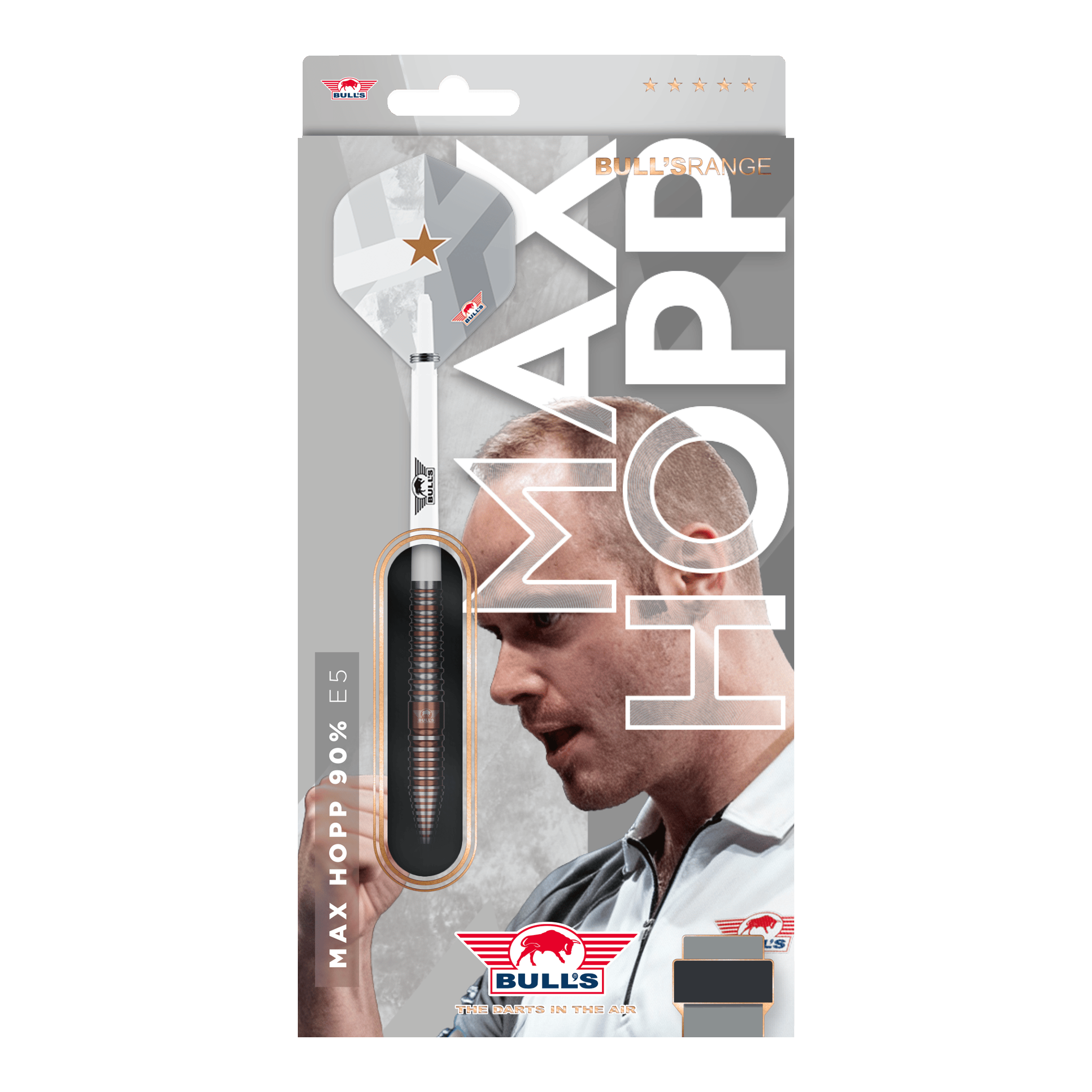 Dardos blandos Bulls NL Max Hopp E5 - 20 g Das Bild zeigt die Bulls NL Max Hopp E5 Softdarts in der Version mit 20 Gramm. Die Darts zeichnen sich durch ihre hochwertige Verarbeitung aus.
