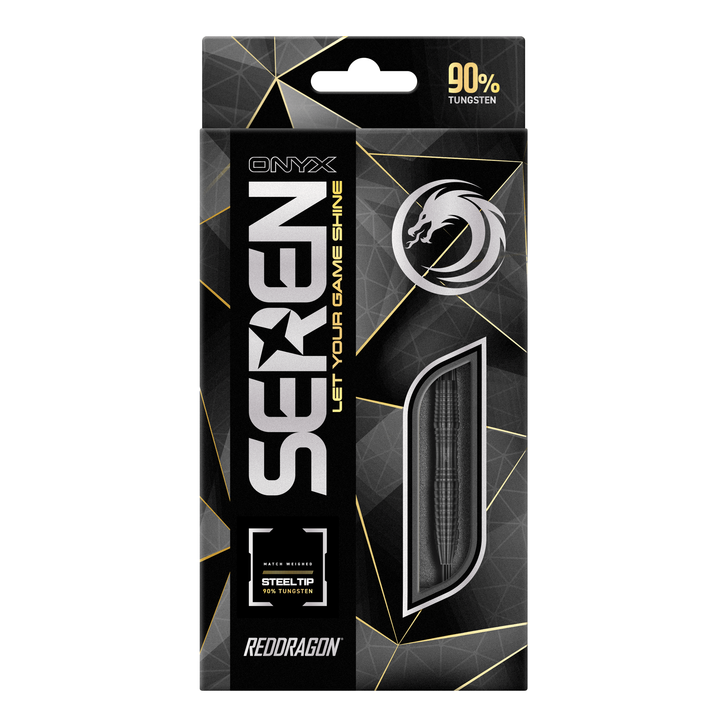 Red Dragon Seren 3 Onyx Steeldarts Die Abbildung zeigt die Verpackung der "Red Dragon Seren 3 Onyx Steeldarts". Auf der Schachtel steht, dass die Darts aus 90% Tungsten bestehen.