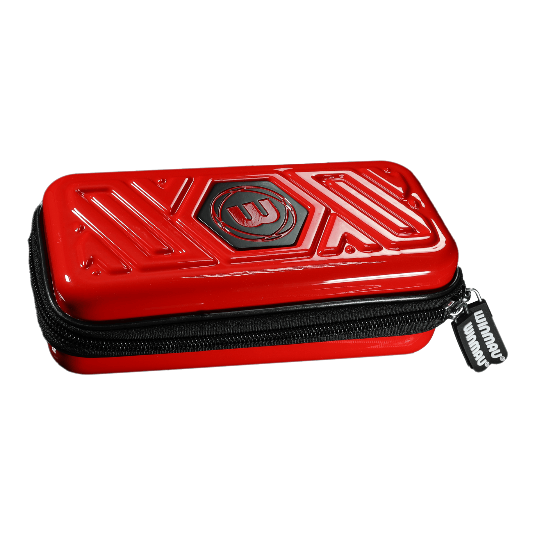 Winmau Armor G1 Dartwallet Das Bild zeigt ein rotes Dart-Etui mit einem schwarzen Reißverschluss. Auf der Oberseite befindet sich ein eingeprägtes Muster und das Winmau-Logo.
