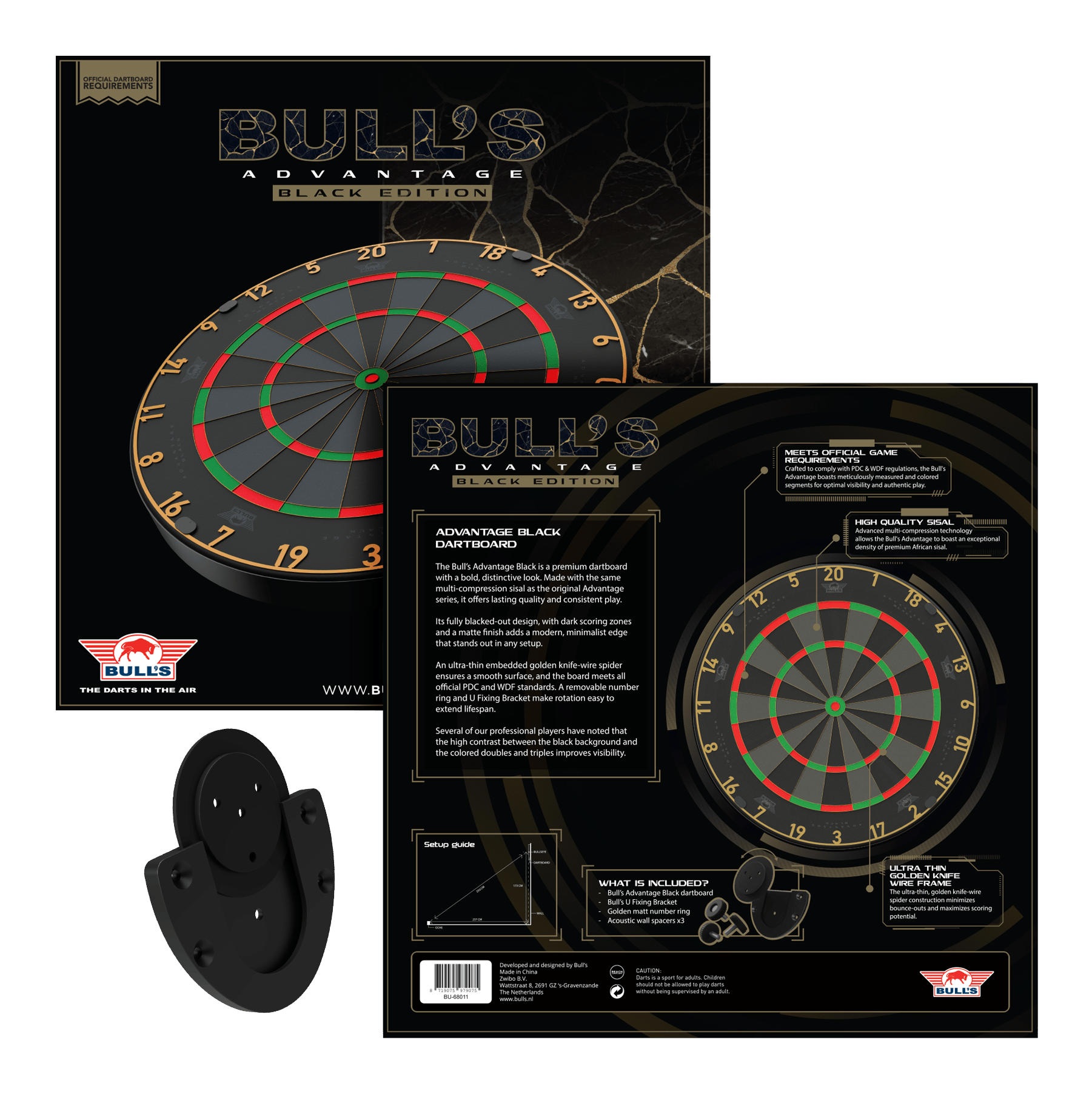Das Bild zeigt das Bulls NL Advantage Black-Edition Steeldartboard. Dies ist eine schwarze Dartscheibe für Steeldart-Spiele.