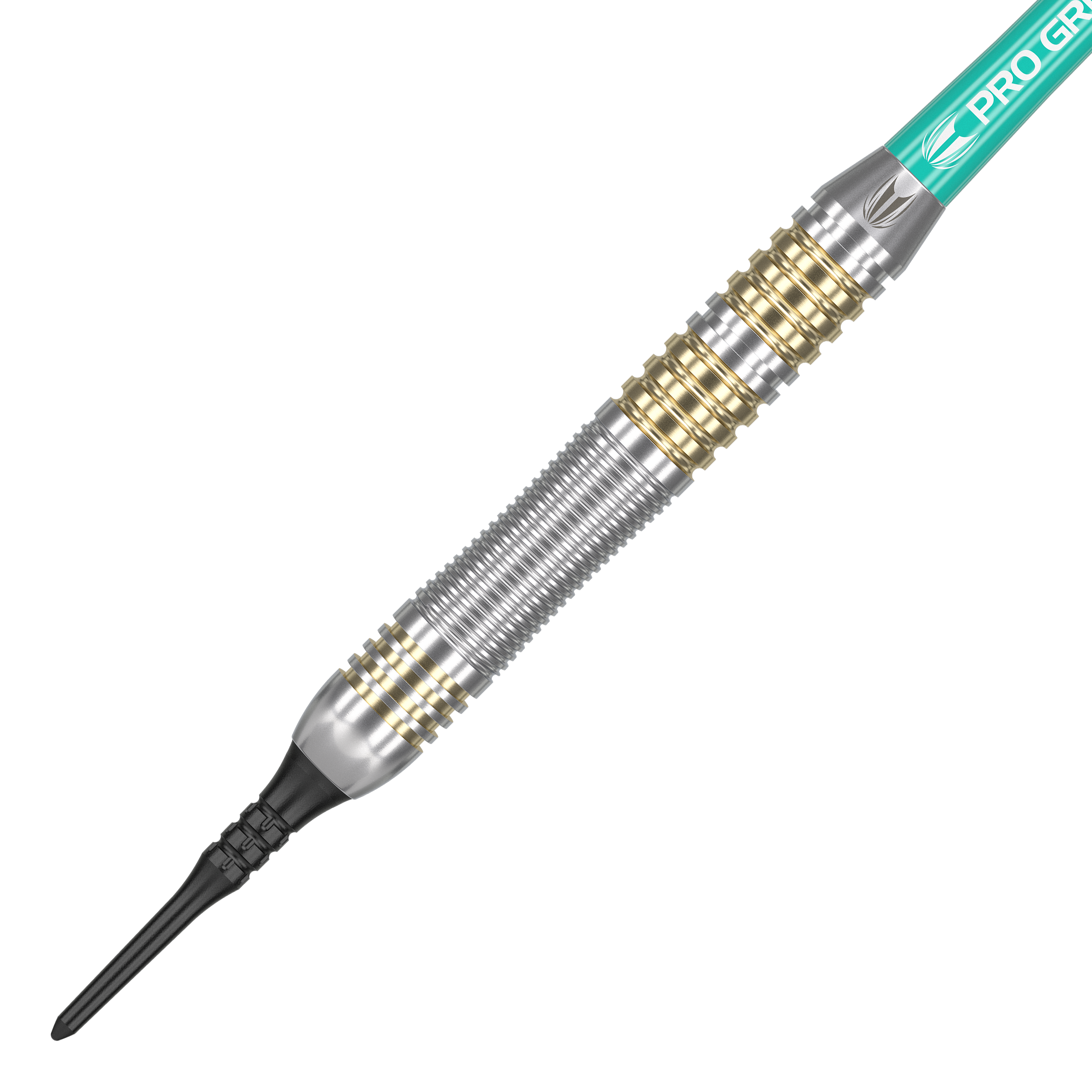 Šipky Target Rob Cross Brass Soft - 18g Das Bild zeigt einen Target Rob Cross Brass Softdart mit einem Gewicht von 18 Gramm. Der Dartpfeil hat ein silbernes und goldenes Rillen-Design sowie eine schwarze Kunststoffspitze.