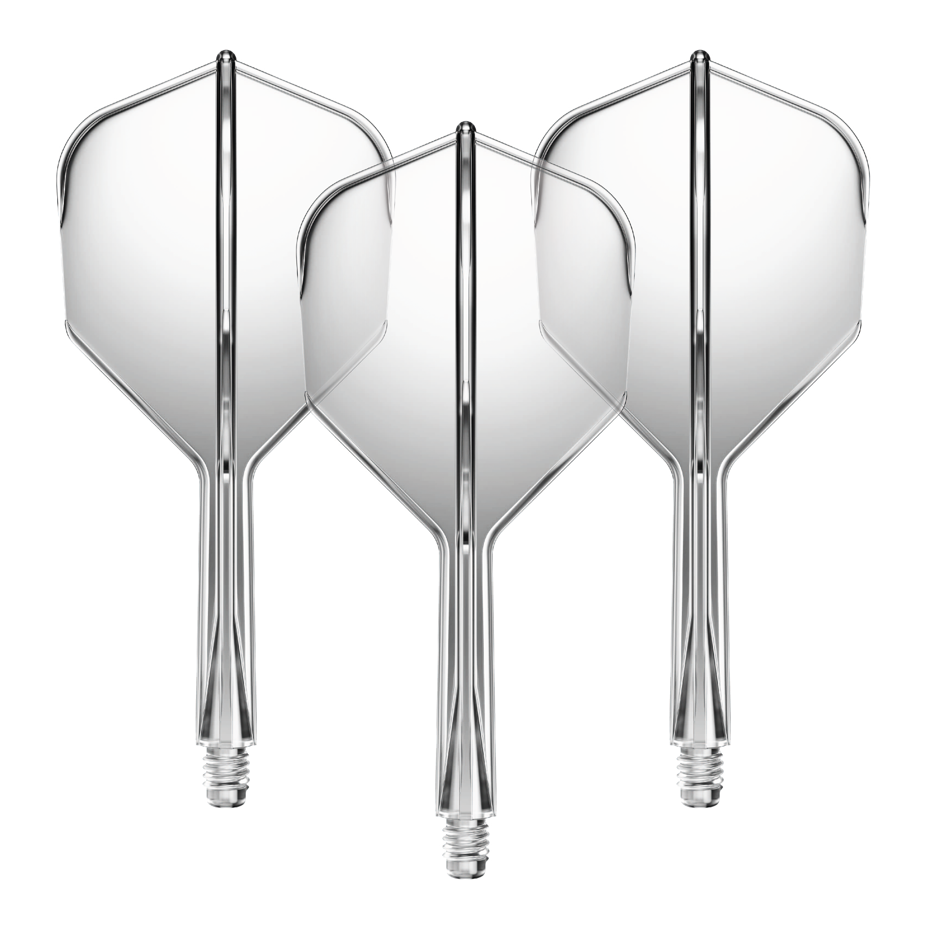 Das Bild zeigt drei durchsichtige Dartflügel mit Schäften. Sie sind gleichmäßig nebeneinander angeordnet und stechen durch ihr klares Design hervor.