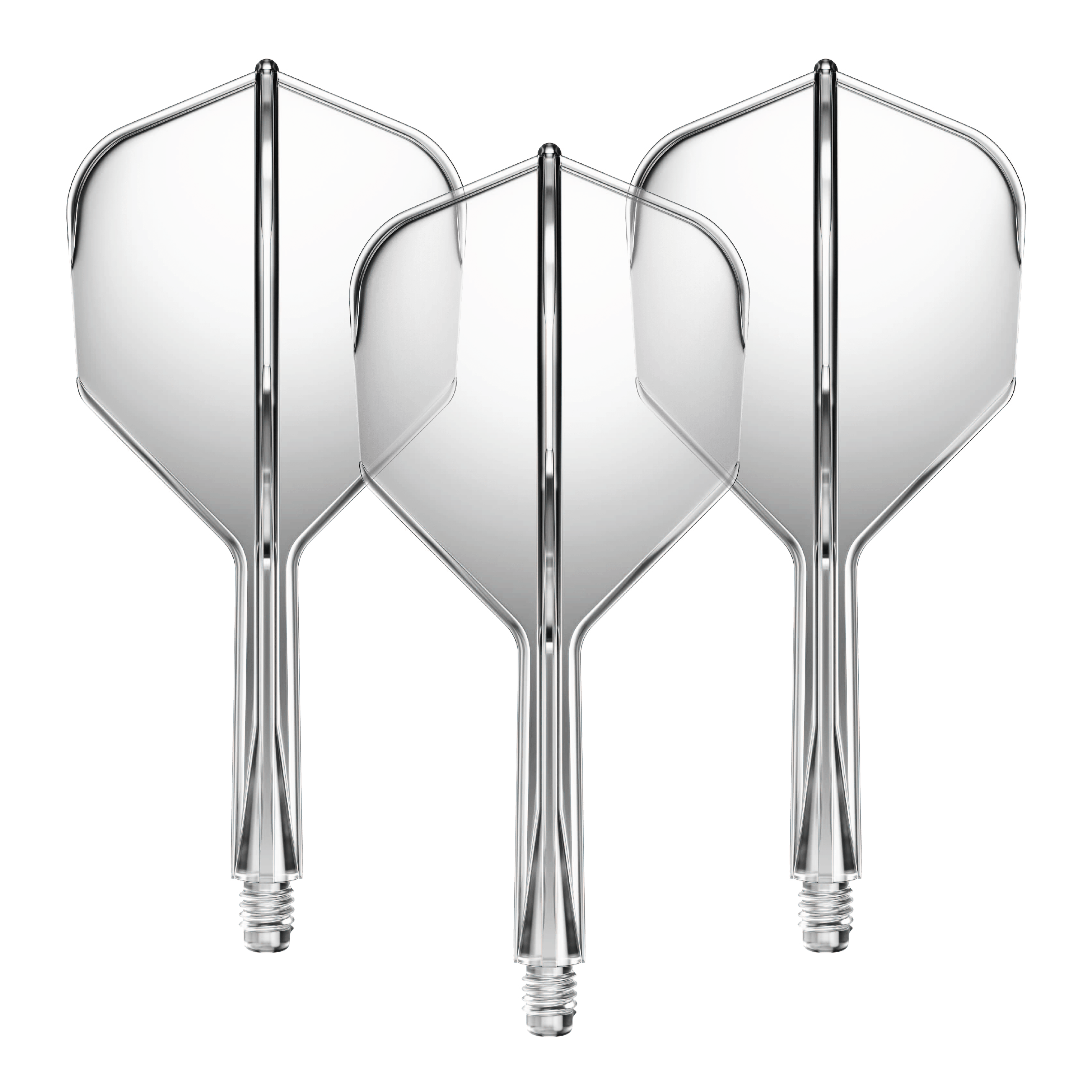GOAT A1R No6 Flight Shaft System - Clear Das Bild zeigt drei durchsichtige Dartflügel mit Schäften. Sie sind gleichmäßig nebeneinander angeordnet und stechen durch ihr klares Design hervor.