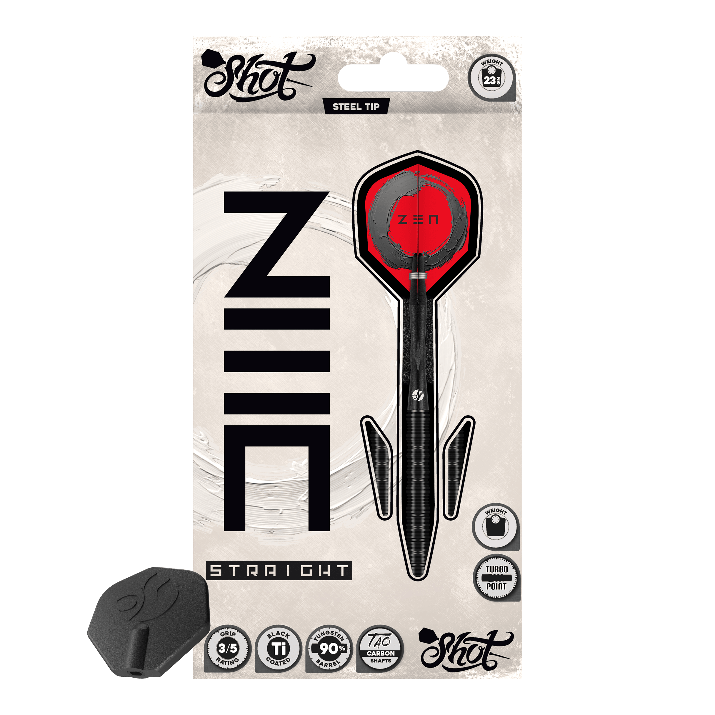 Lotki stalowe Shot ZEN Straight Turbo Point - 23 g Dies ist ein Bild der Shot ZEN Straight Turbo Point Steeldarts - 23g. Die Steeldarts sind im Detail abgebildet.
