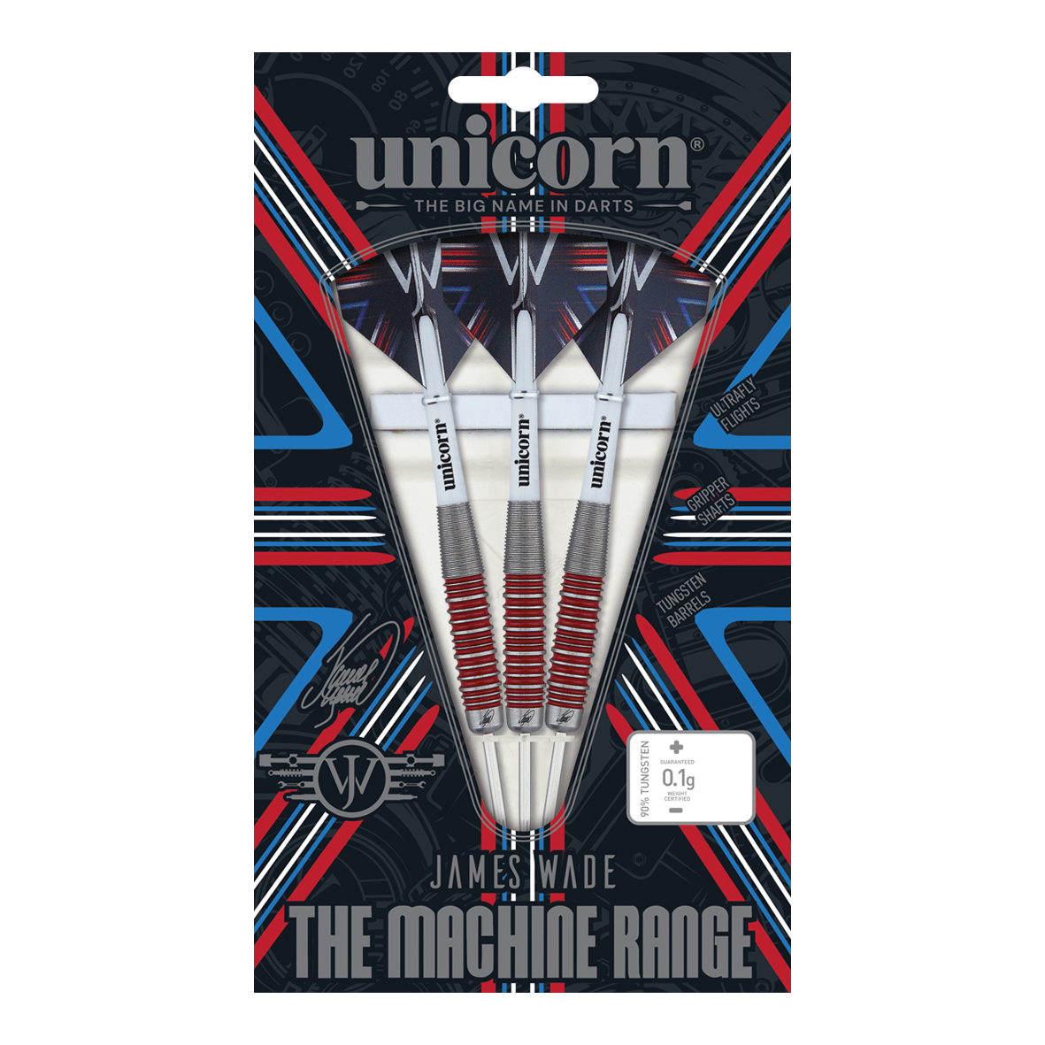 Dardos de acero al 90% de James Wade, Unicorn The Machine Das Bild zeigt eine Verpackung mit drei Steeldarts der Marke "Unicorn" aus der "James Wade The Machine Range". Die Darts bestehen zu 90% aus Tungsten und haben rote und silberne Akzente.
