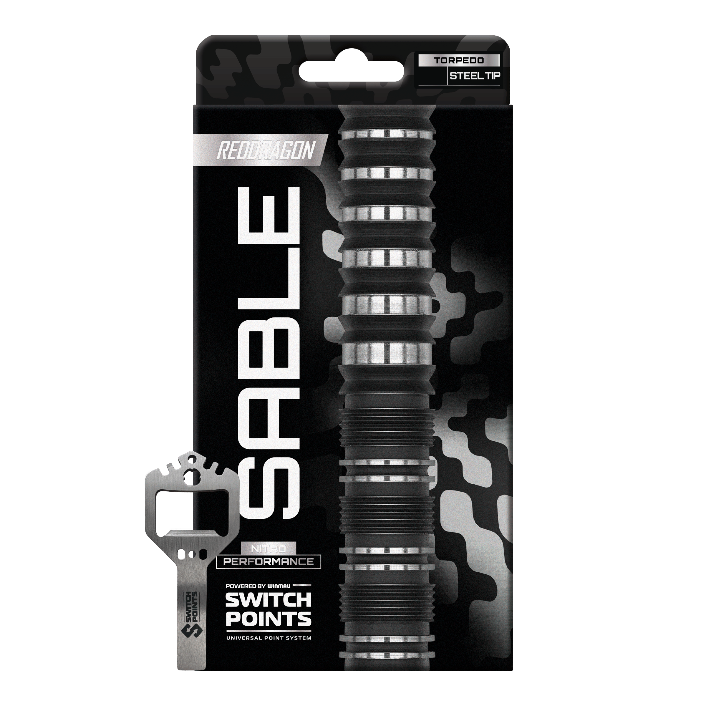 Hier sieht man die Red Dragon Sable Torpedo Switch Point Steeldarts einzeln dargestellt. Die Oberfläche und das Material der Darts sind gut zu erkennen.