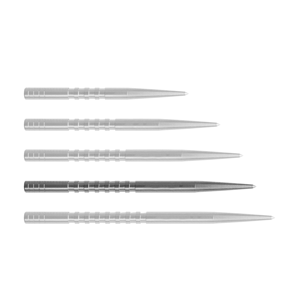 Condor Beak Point With Cut Dartspitzen Auf dem Bild sind fünf silberne Dartspitzen nebeneinander zu sehen. Sie sind lang, schmal und haben gerillte Griffbereiche.