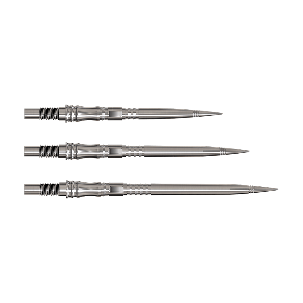 Dartspitzen der Serie Apex Axis Silver Elite sind abgebildet. Sie sind silberfarben und filigran gearbeitet.
