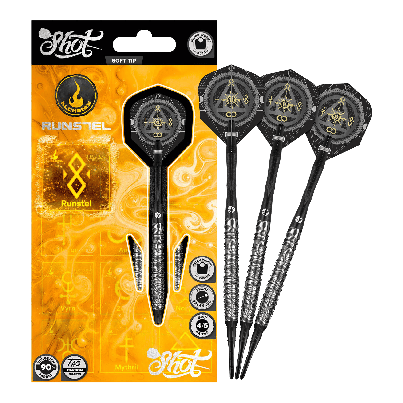 Měkké šipky Shot Alchemy Runstel - 20g Das Bild zeigt die Shot Alchemy Runstel Softdarts mit 20 Gramm Gewicht. Die Darts sind vollständig und detailliert abgebildet.